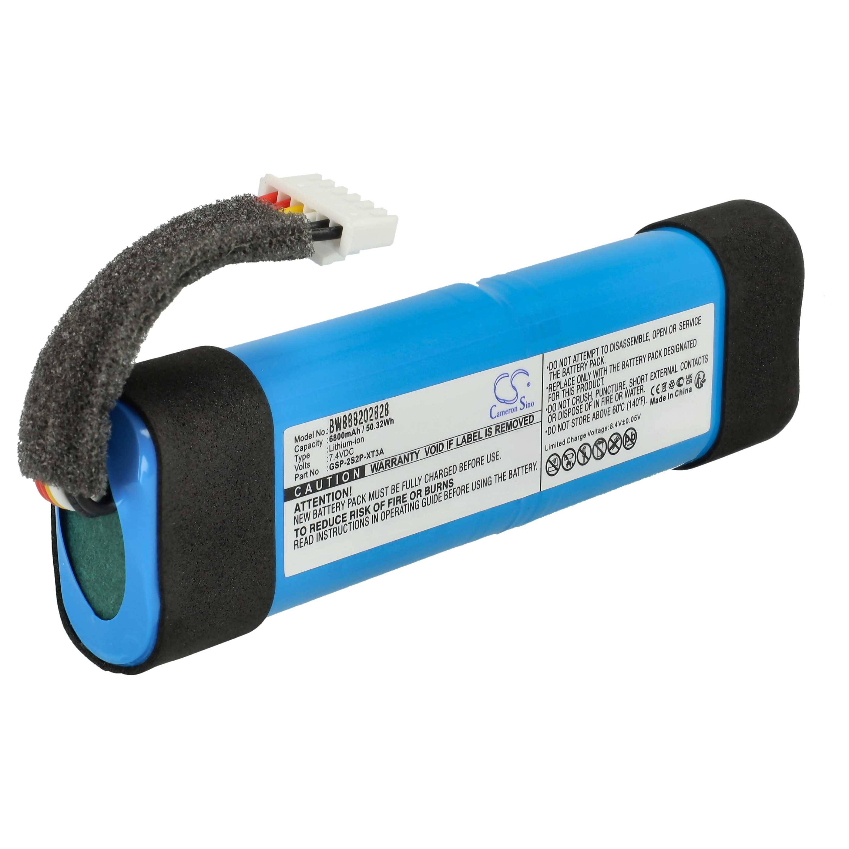 Blaue zylindrische Batterie mit angebrachten Drähten und Stecker. Schwarze Endkappen und gedruckte Sicherheitsanweisungen sind auf der Seite sichtbar.