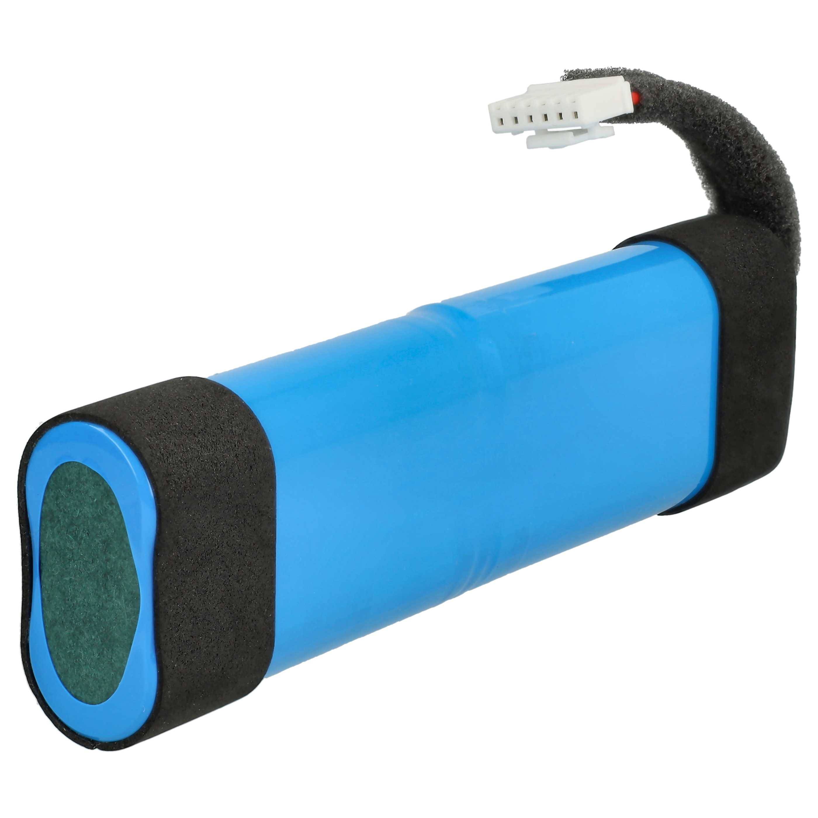 Ein blauer zylindrischer wiederaufladbarer Batteriepack mit schwarzen Schutzenden und einem Verbindungskabel, das von einer Seite hervorsteht.