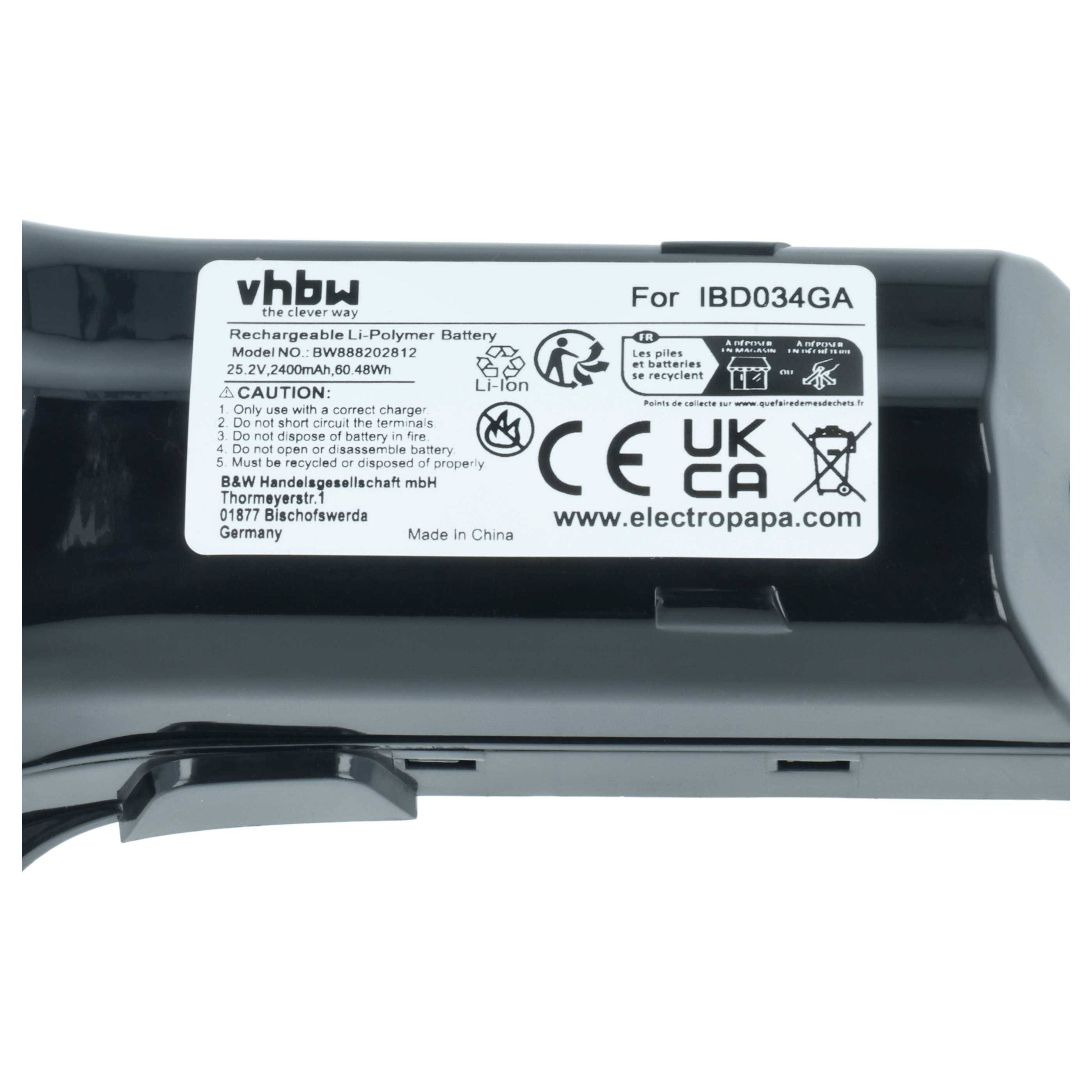 vhbw Akku Ersatz für Philips 6.27.40.08-0, IBD034GA, IP822, 300000517621, 300000517631 für Staubsauger Schwarz (2400mAh, 25,2V, Li-Ion)
