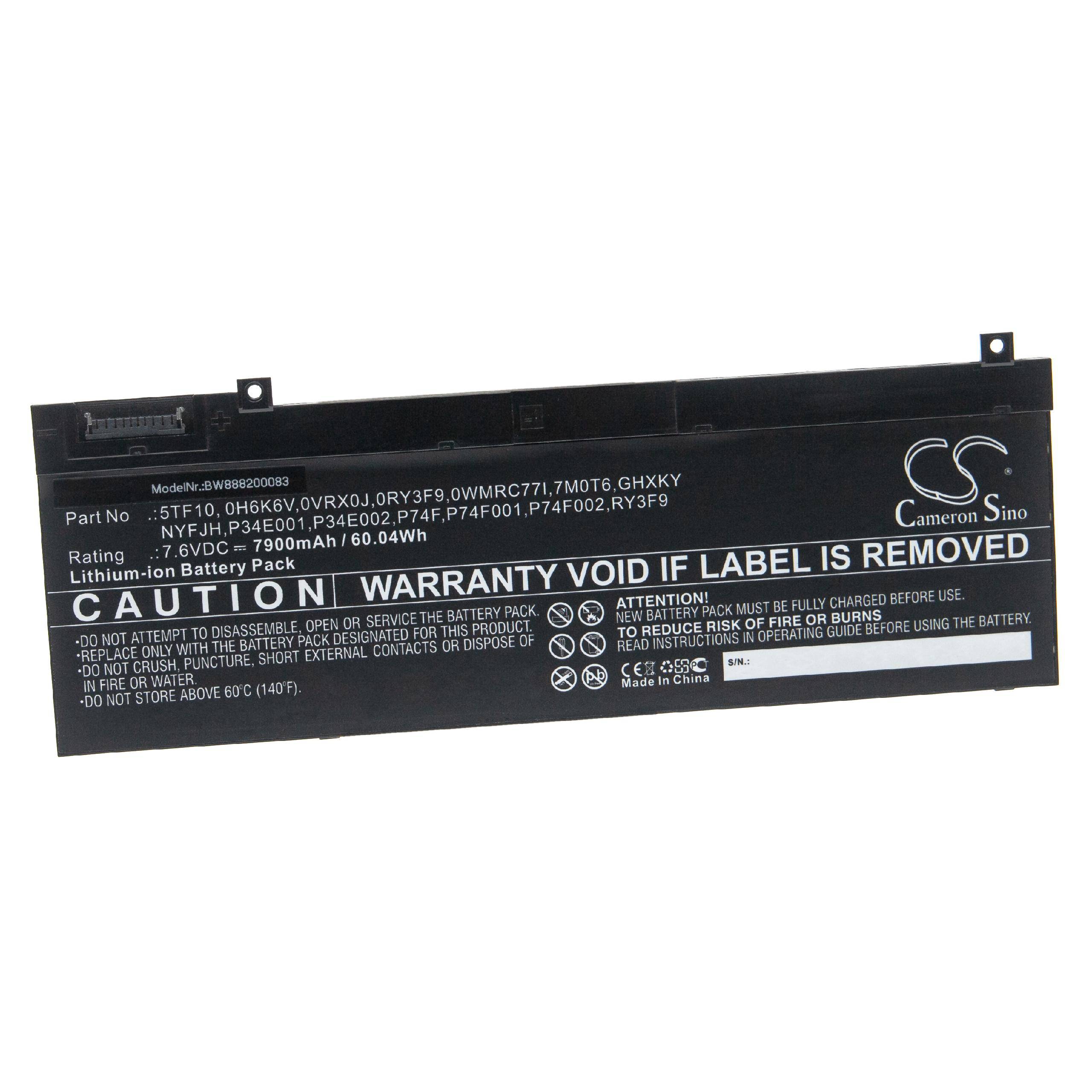 vhbw Akku Ersatz für Dell P74F002, RY3F9, P34E002, P74F, P34E001, P74F001 für Notebook (7900 mAh, 7,6 V, Li-Ion)