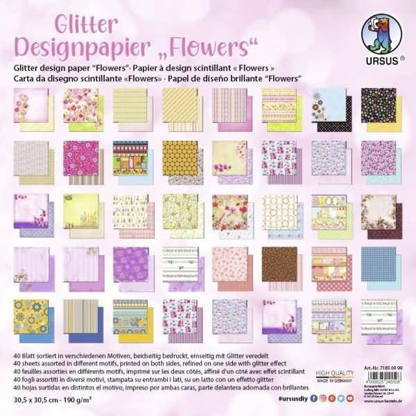 Designpapier Glitter Flowers 190g/qm 30,5x30,5cm VE=40 Blatt