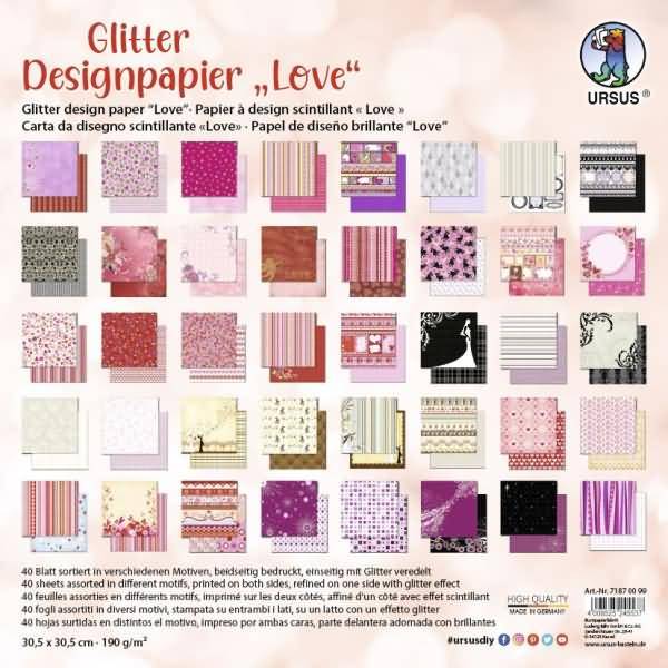 Designpapier Glitter Love 190g/qm 30,5x30,5cm VE=40 Blatt
