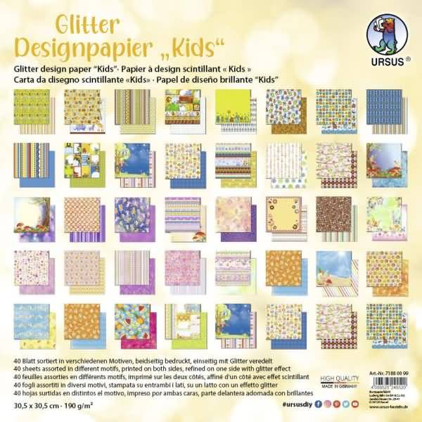 Designpapier Glitter Kids 190g/qm 30,5x30,5cm VE=40 Blatt