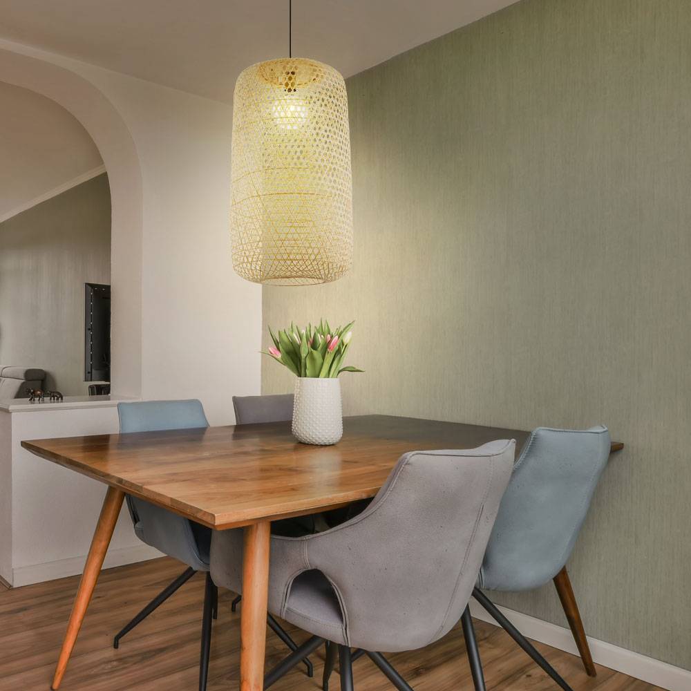 Bambus Decken Hänge Lampe DIMMBAR Geflecht Leuchte FERNBEDIENUNG im Set inkl. RGB LED Leuchtmittel