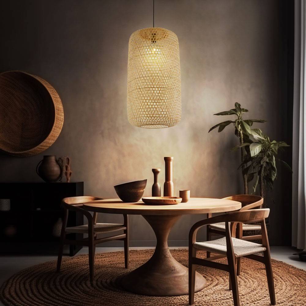 Bambus Decken Hänge Lampe DIMMBAR Geflecht Leuchte FERNBEDIENUNG im Set inkl. RGB LED Leuchtmittel