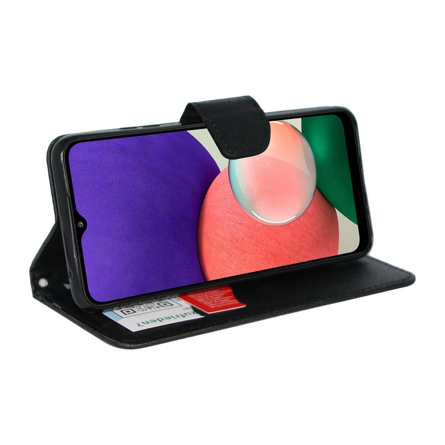 Buch Tasche "Fancy" kompatibel mit SAMSUNG GALAXY A22 5G (A226B) Handy Hülle mit Standfunktion, Kartenfach Schwarz