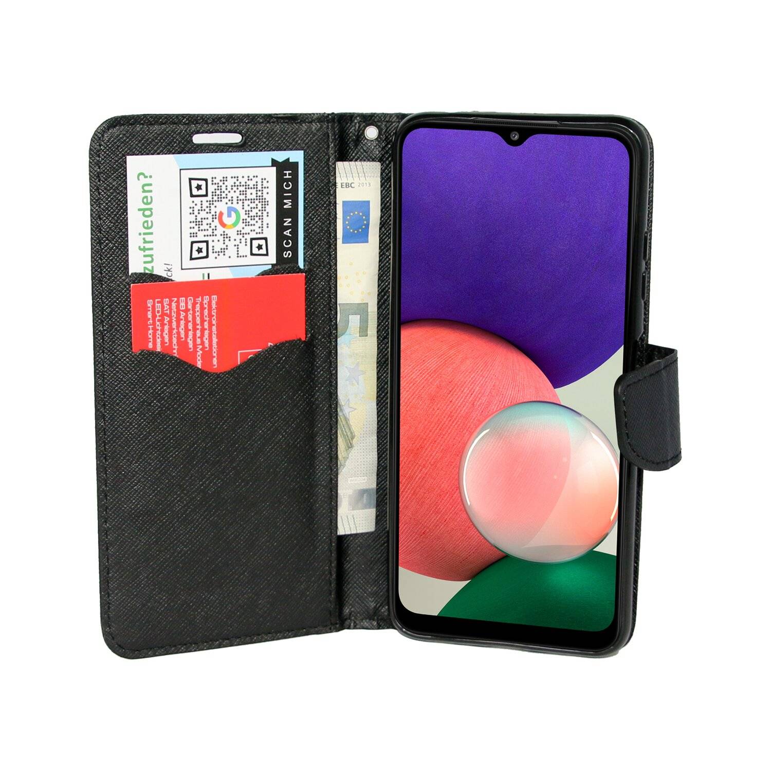 Buch Tasche "Fancy" kompatibel mit SAMSUNG GALAXY A22 5G (A226B) Handy Hülle mit Standfunktion, Kartenfach Schwarz