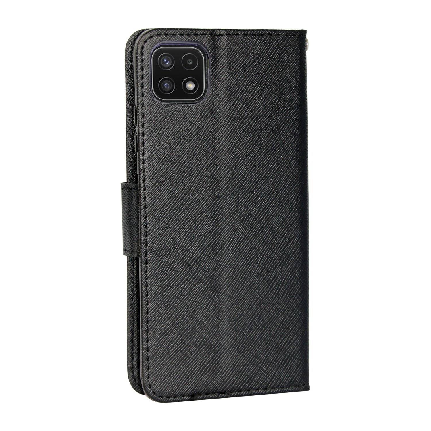 Buch Tasche "Fancy" kompatibel mit SAMSUNG GALAXY A22 5G (A226B) Handy Hülle mit Standfunktion, Kartenfach Schwarz