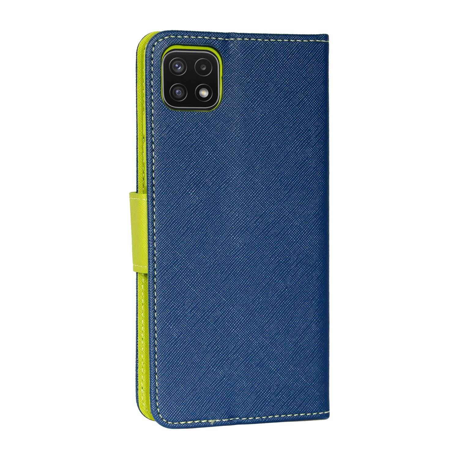 Buch Tasche "Fancy" kompatibel mit SAMSUNG GALAXY A22 5G (A226B) Handy Hülle mit Standfunktion, Kartenfach Blau-Grün