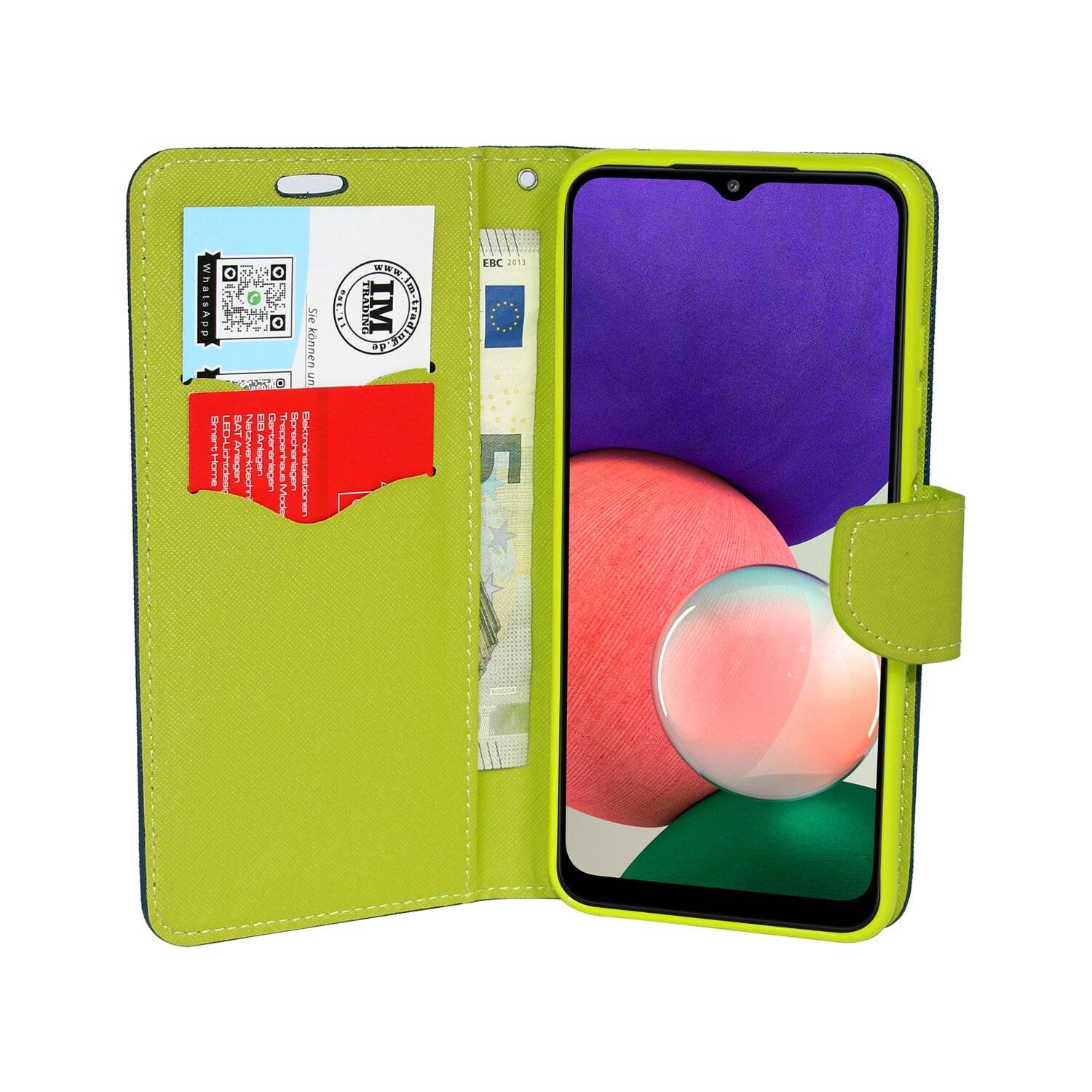 Buch Tasche "Fancy" kompatibel mit SAMSUNG GALAXY A22 5G (A226B) Handy Hülle mit Standfunktion, Kartenfach Blau-Grün