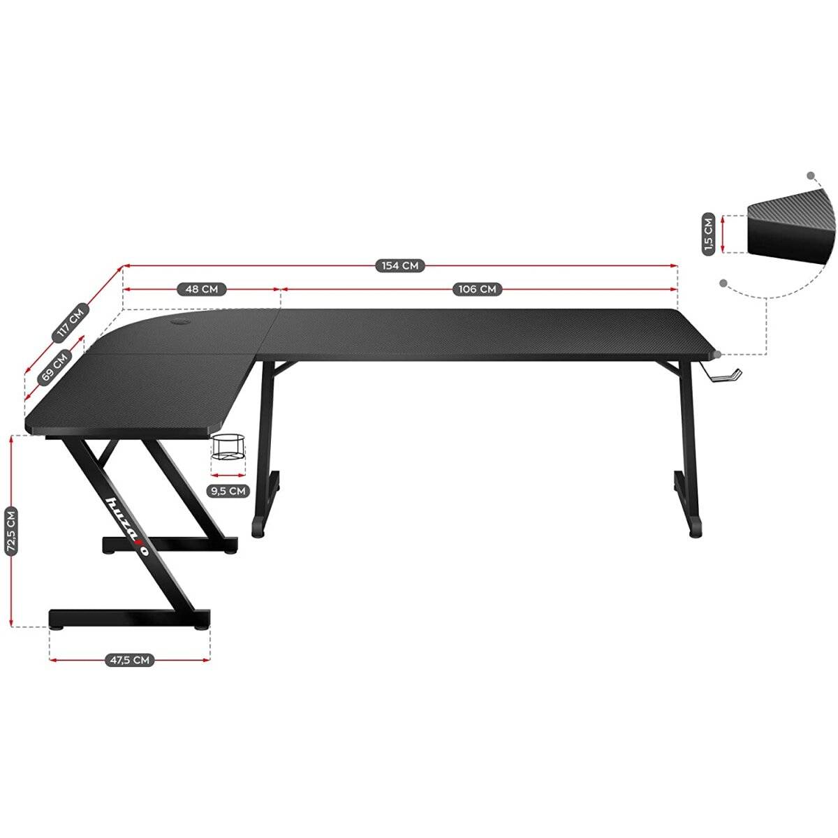 huzaro Hero 7.0 Spieltisch Schreibtisch PC Computer Schreibtisch Ergonomische Carbon Schwarz 154 x 117 x 73 cm