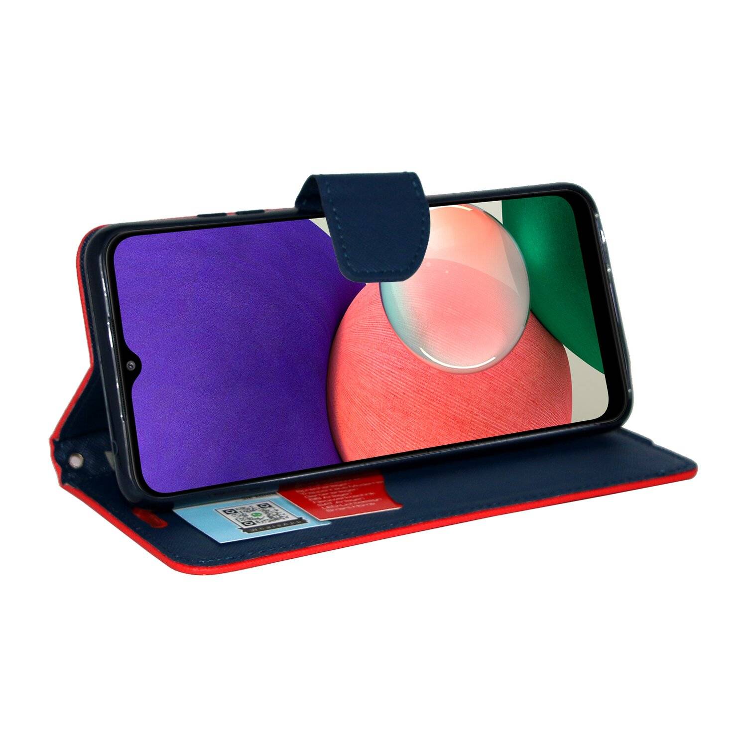 Buch Tasche "Fancy" kompatibel mit SAMSUNG GALAXY A22 5G (A226B) Handy Hülle mit Standfunktion, Kartenfach Rot-Blau