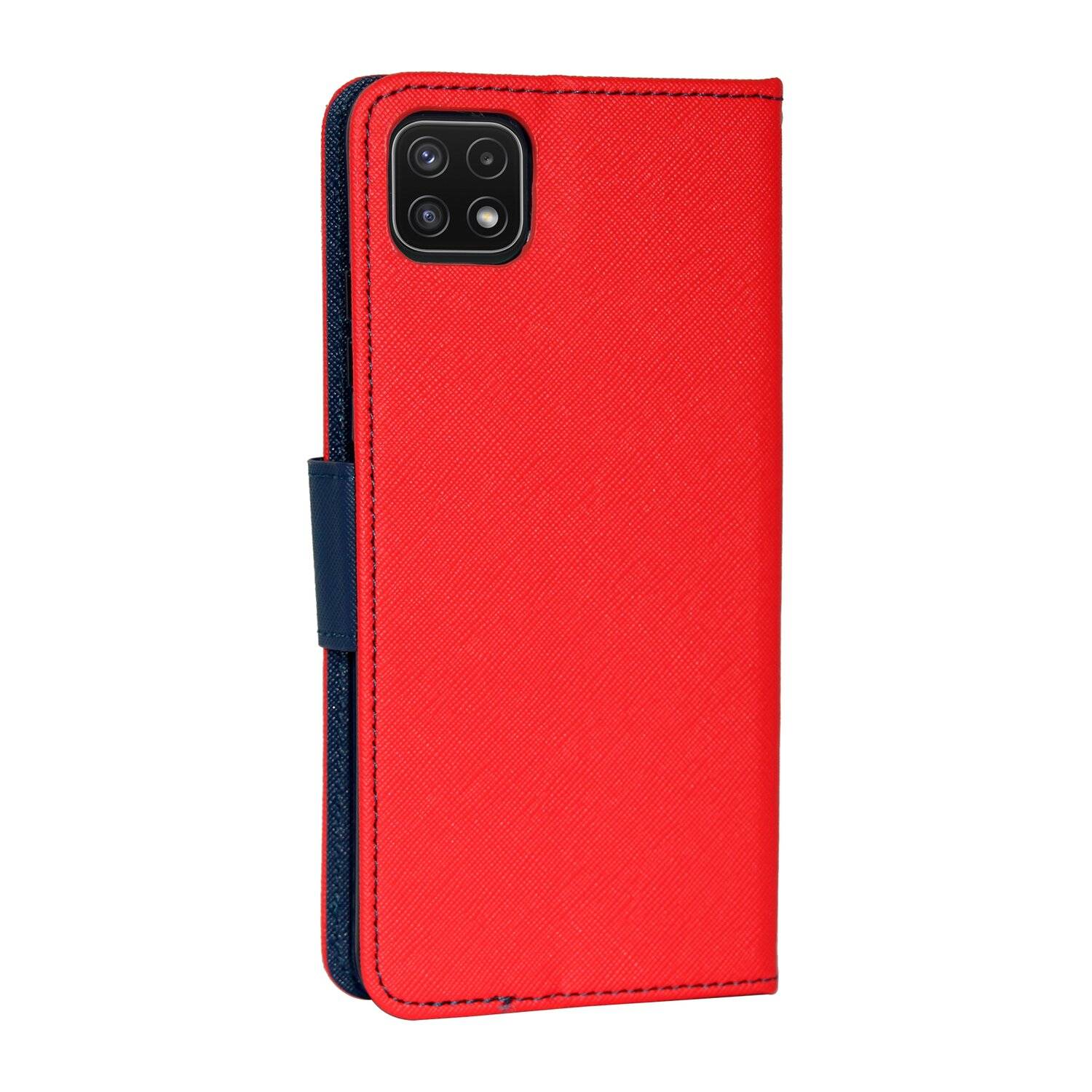 Buch Tasche "Fancy" kompatibel mit SAMSUNG GALAXY A22 5G (A226B) Handy Hülle mit Standfunktion, Kartenfach Rot-Blau