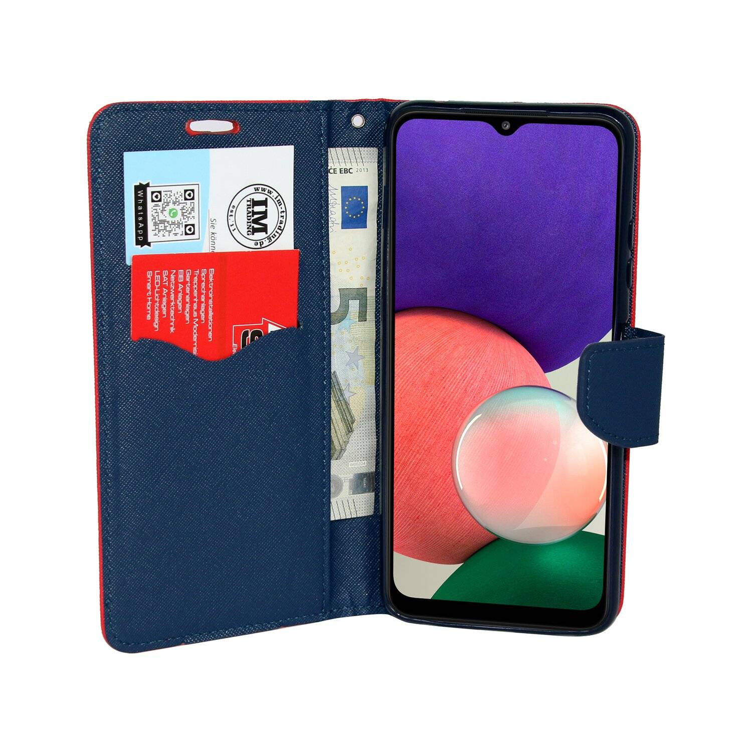 Buch Tasche "Fancy" kompatibel mit SAMSUNG GALAXY A22 5G (A226B) Handy Hülle mit Standfunktion, Kartenfach Rot-Blau