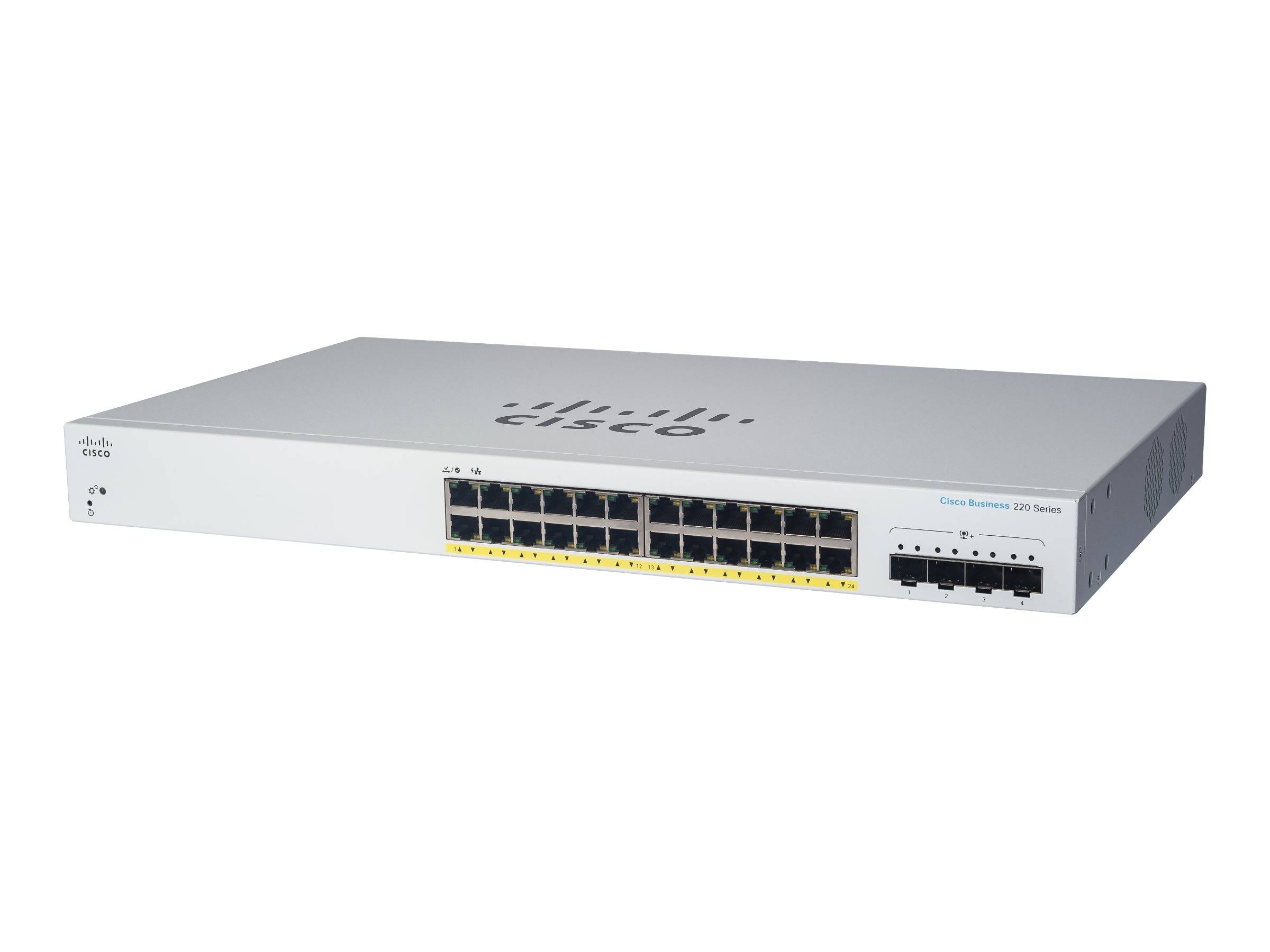 Cisco Catalyst Rack-Mount-Netzwerk-Switch mit 24 vorderen Ethernet-Anschlüssen auf einem grauen Metallrahmen.