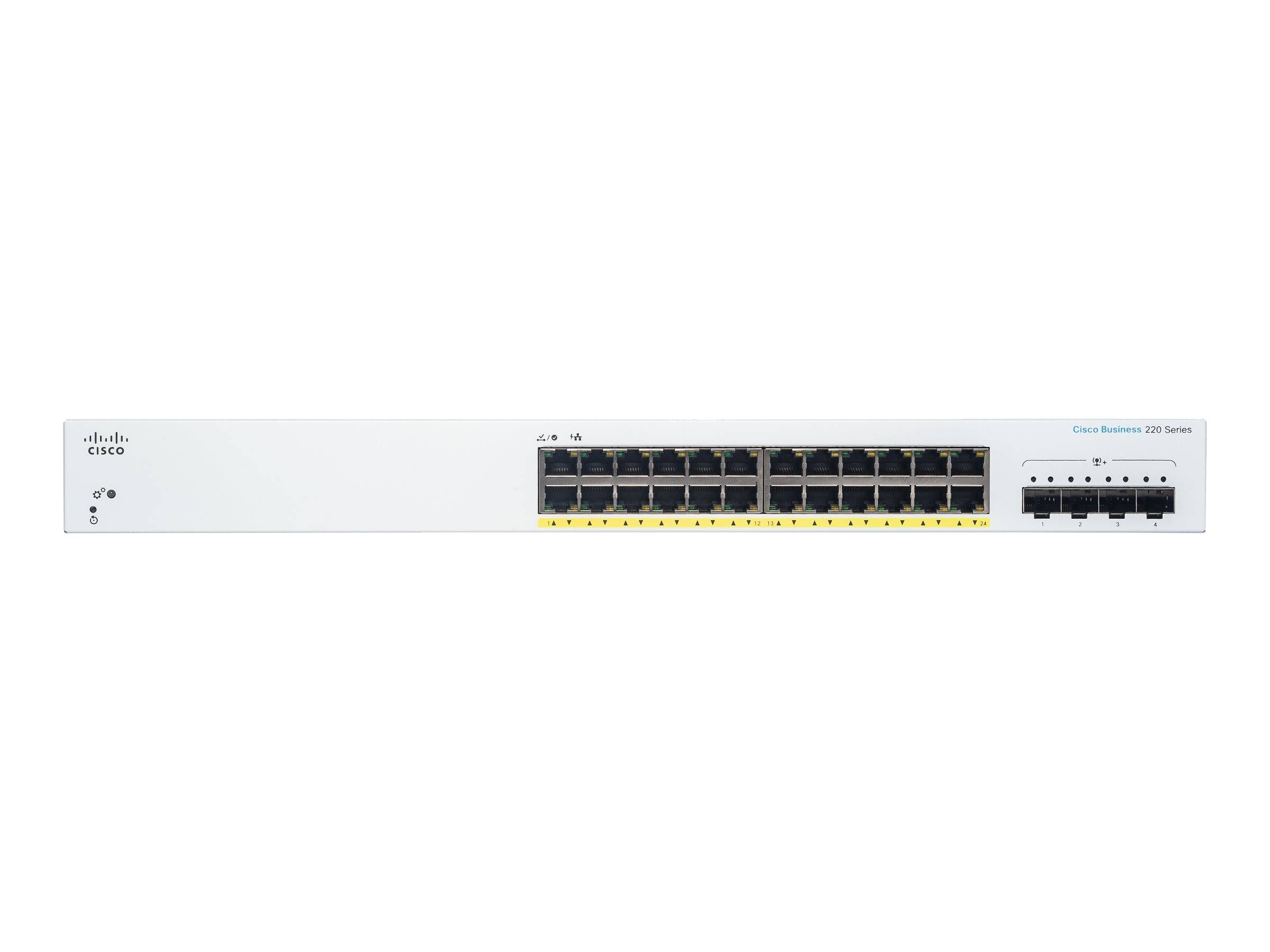 Cisco-Ethernet-Switch-Frontplatte mit mehreren Netzwerkanschlüssen und Statusleuchten auf weißem Hintergrund