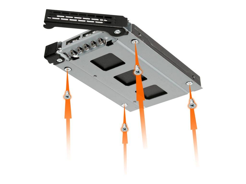 Unteransicht eines Laptops mit orangefarbenen Pfeilen, die die Schrauben oder Befestigungspunkte auf der Bodenplatte hervorheben.