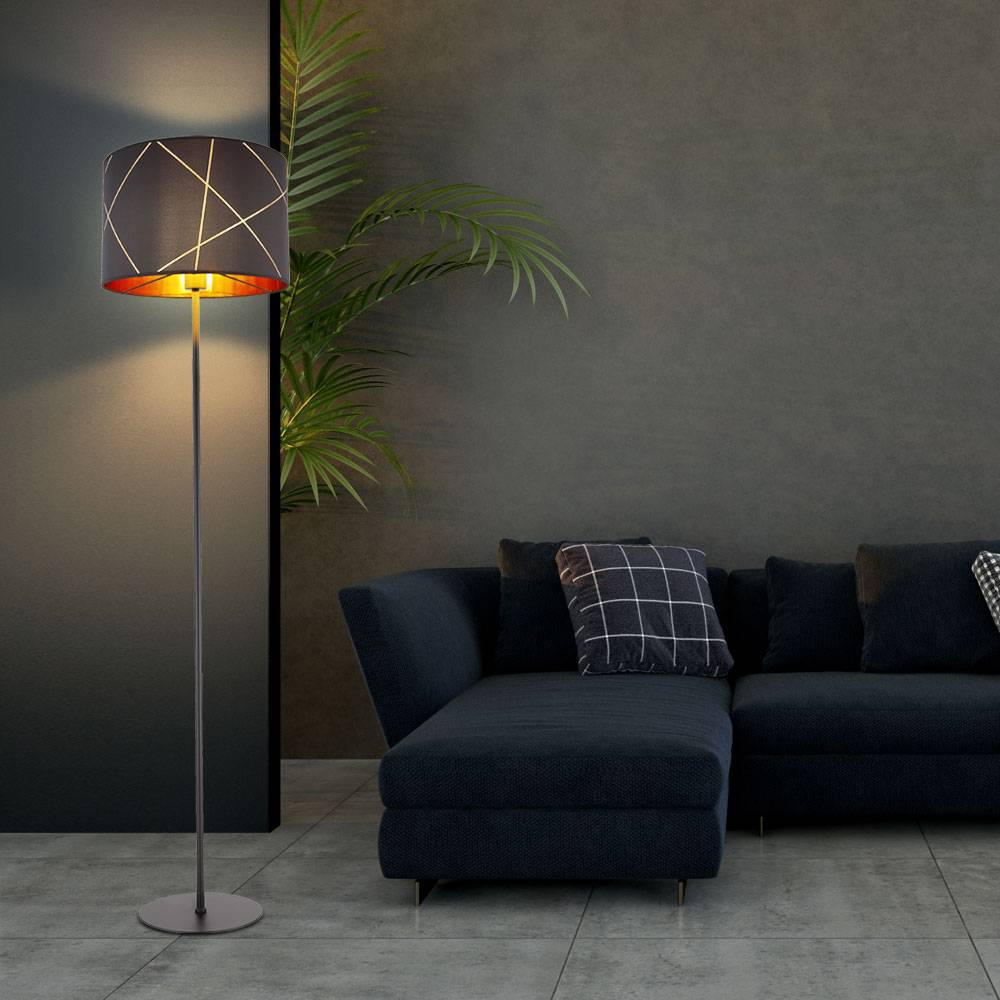 Standlampe Stehleuchte schwarz gold E27 Stehlampe Stoff, goldene Dekorlinien, Fernbedienung dimmbar, RGB LED 8,5W 806Lm, DxH 38 x 151 cm