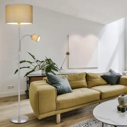 Deckenfluter mit Leselampe Stehlampe Wohnzimmer, Textil grau, 2 Schalter mit beweglicher Leseleuchte, 1x E27 1x E14, DxH 40 x 170 cm Deckenfluter mit Leselampe Stehlampe Wohnzimmer, Textil grau, 2 Schalter mit beweglicher Leseleuchte, 1x E27 1x E14, DxH 40 x 170 cm
