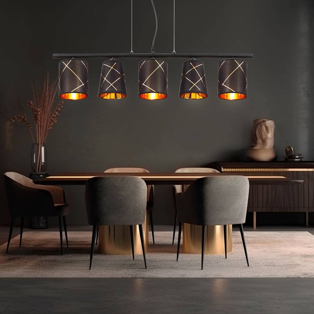 Pendelleuchte Esstisch Hängelampe schwarz gold 5 flammig Esszimmerlampe E14 Wohnzimmerlampe hängend modern, mit goldenen Dekorlinien, 5x E14, LxH 90