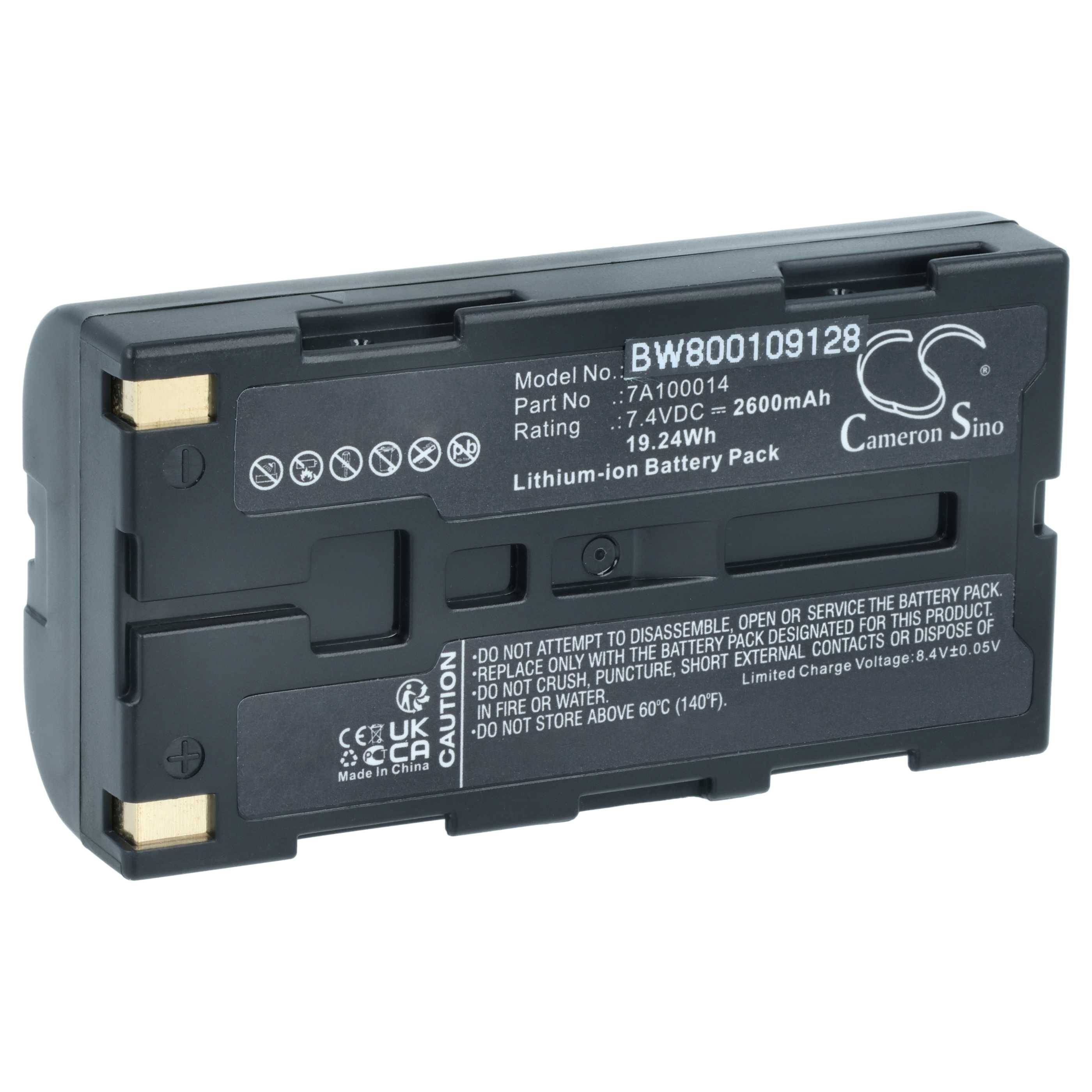Ein schwarzer rechteckiger Lithium-Ionen-Akkupack mit Etikett 'BW800109128', 7,4V, 2600mAh, 19,24Wh. Warnung: 'Nicht zerlegen oder Feuer aussetzen.