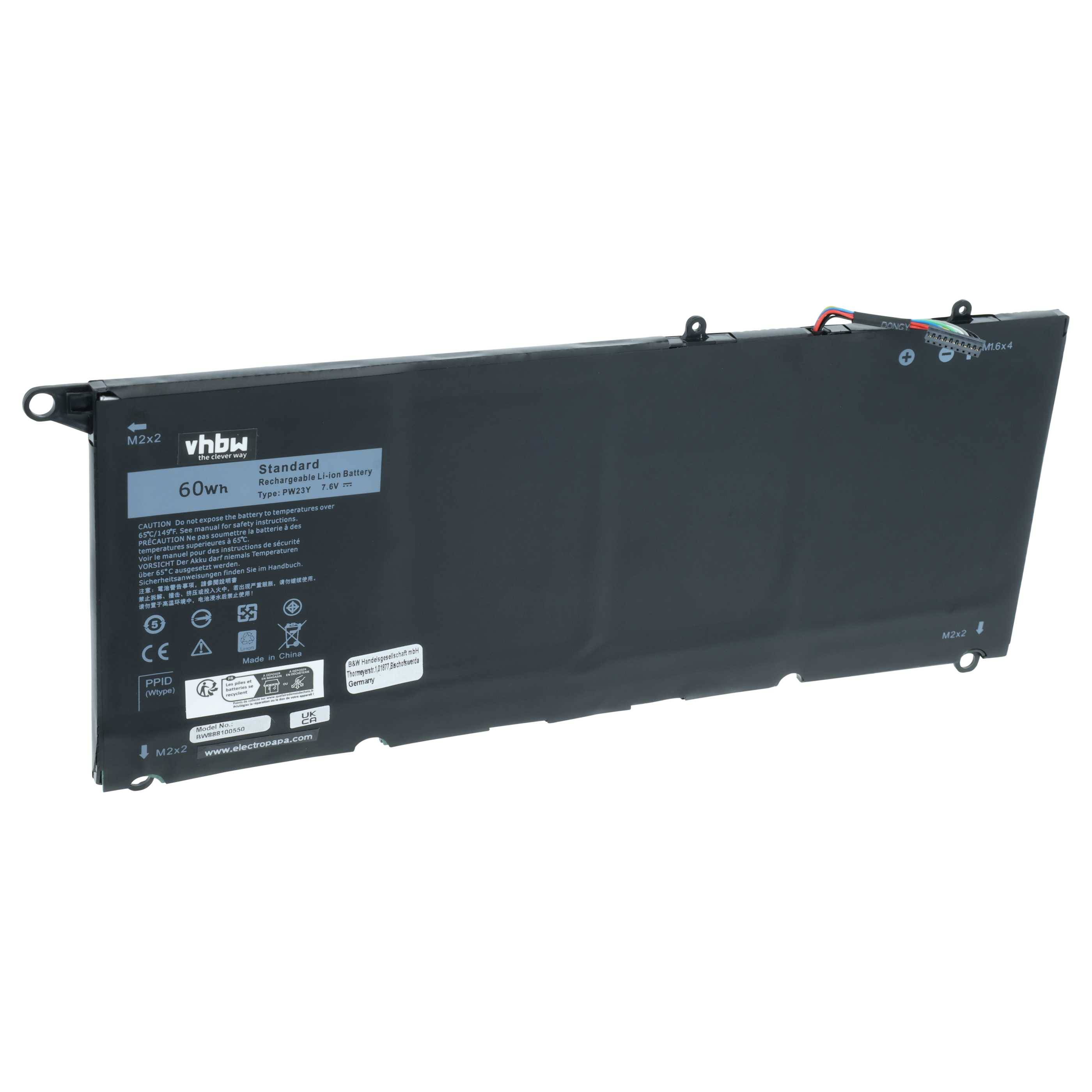 VHBW 60Wh Standardakku, V5Y0X, M5Y1K, M7R96, 1WND8, 451-BBMG' auf einem Laptop-Akku mit Spezifikationen und Symbolen bedruckt.