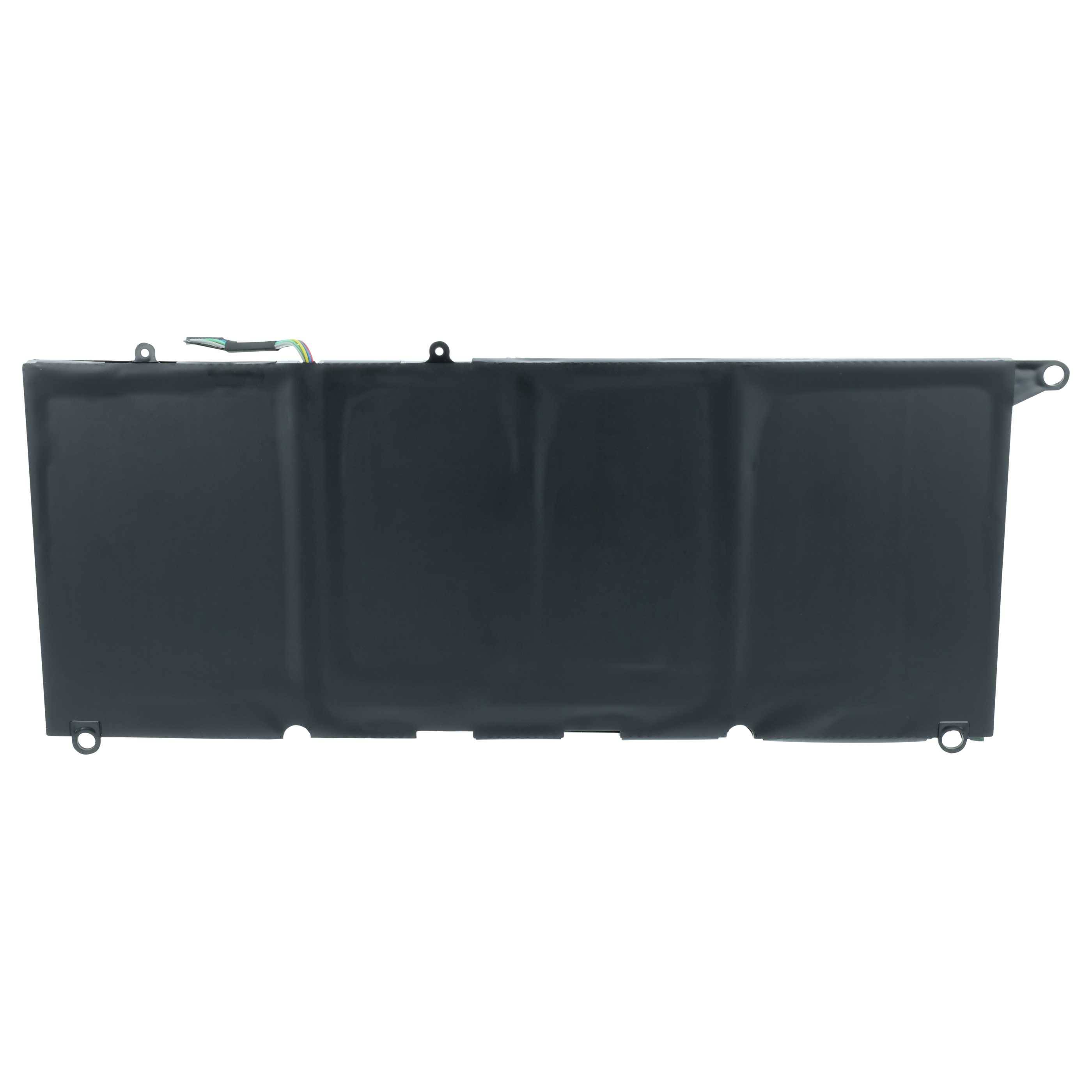 Ein rechteckiger schwarzer Laptop-Akku mit einem Steckverbinder, der sich von der Oberseite erstreckt. Sein Design ist einfach und minimalistisch.
