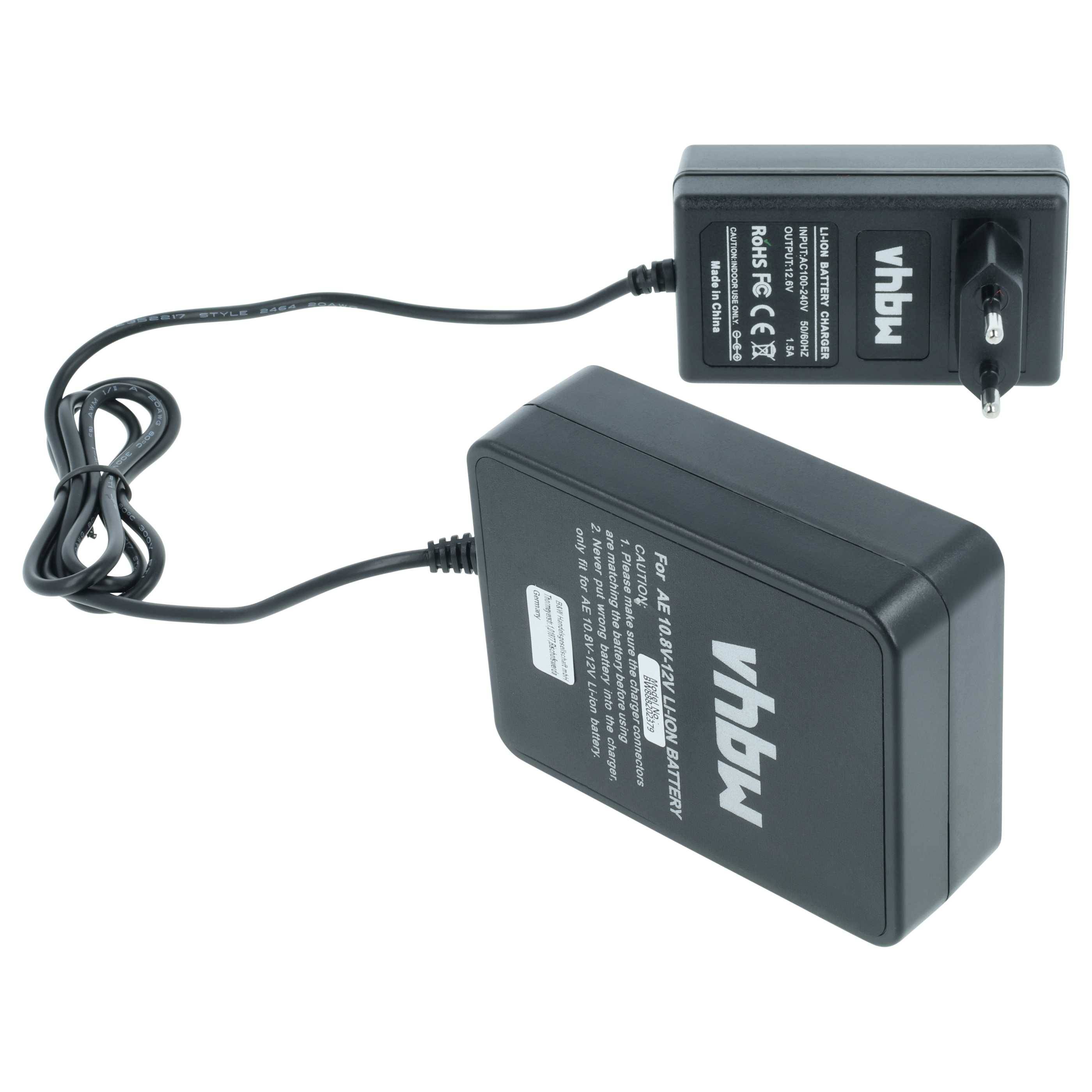 Ein schwarzer vhbw-Batteriladapter mit einem Stecker und einem angeschlossenen Netzteil mit der Bezeichnung „vhbw