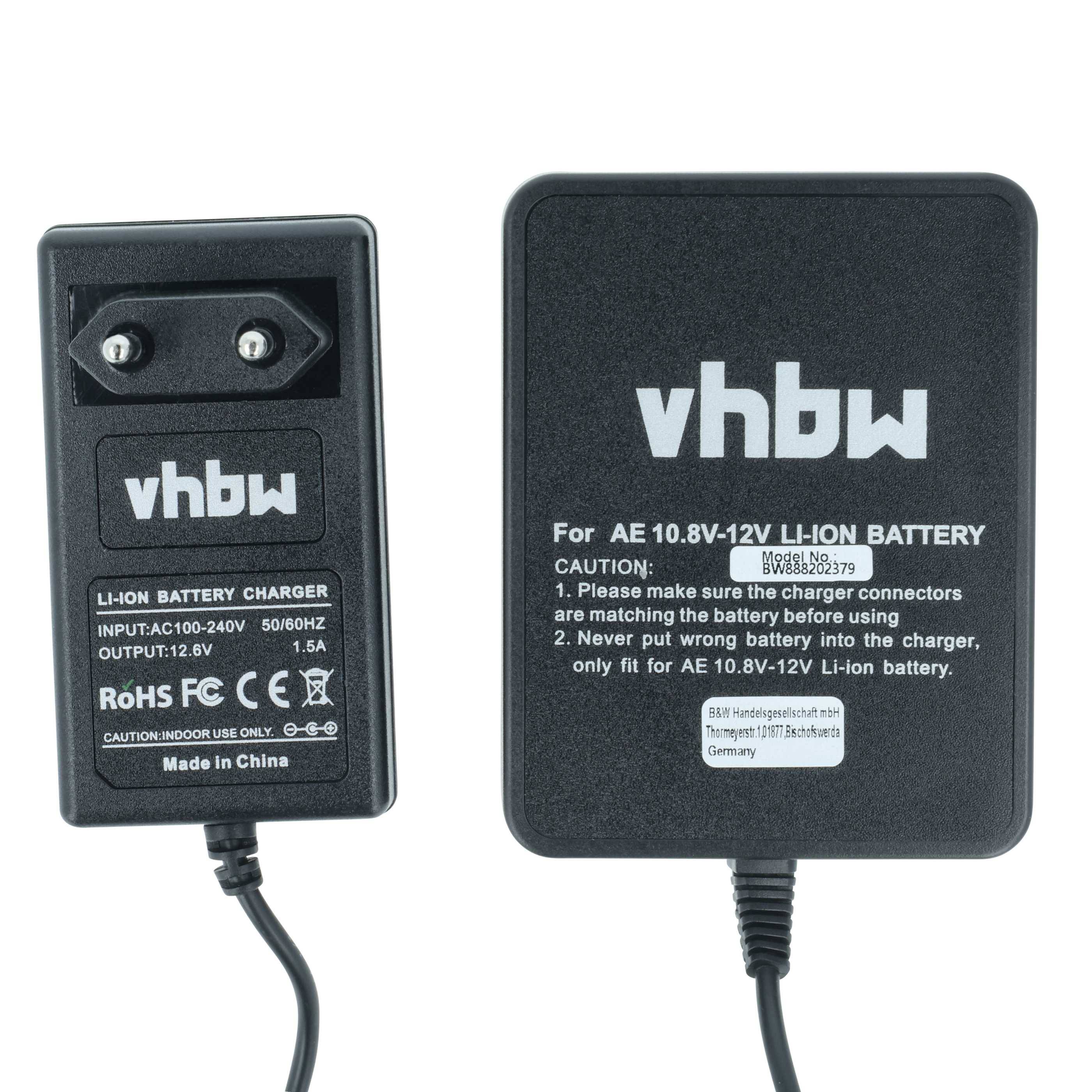 vhbw Ladegerät mit Eingangsspannung von 100-240V und Ausgangsspannung von 13,2V. Kompatibel mit AE 10,8V-12V Lithium-Ionen-Akkus. Schwarze Farbe.