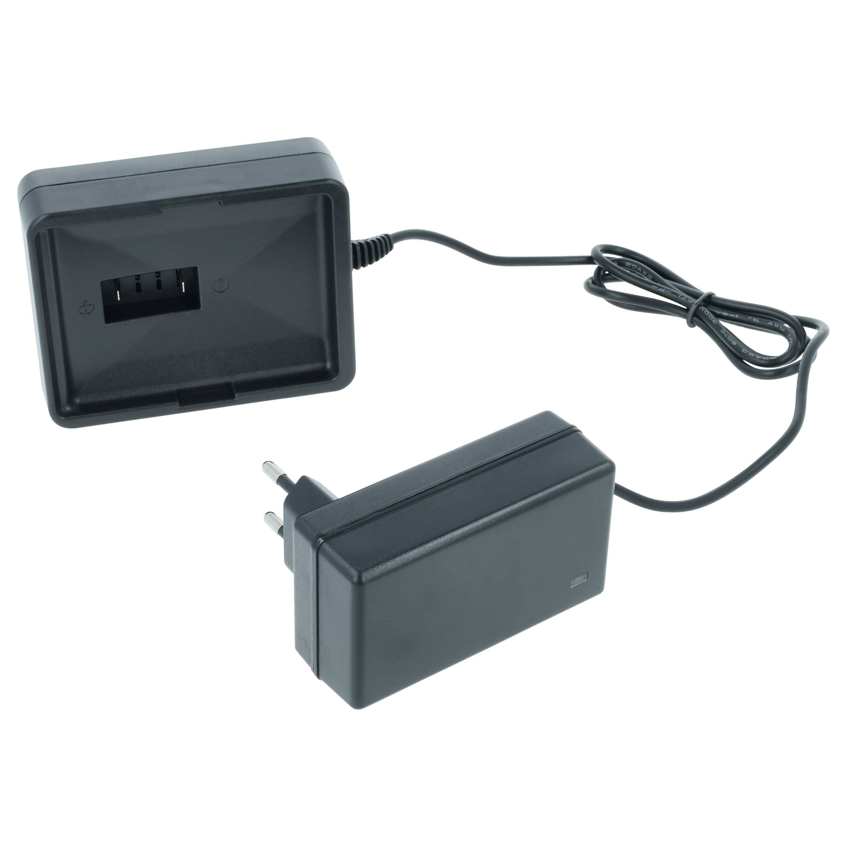 Ein schwarzer rechteckiger Steckadapter mit zweipinnigem Stecker und angeschlossenem Kabel, neben einer passenden schwarzen Ladestation mit Eingabeschlitz.
