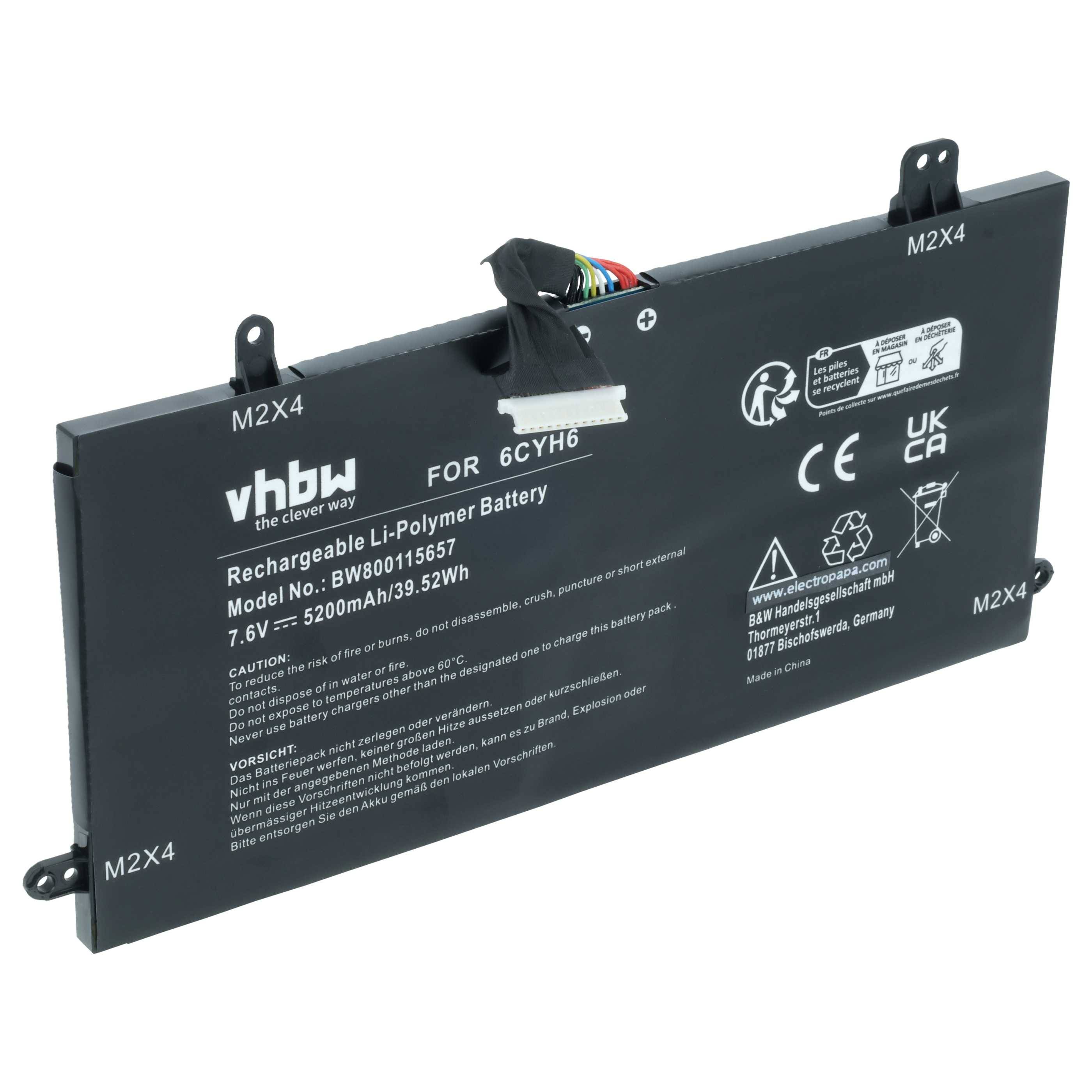 Eine schwarze wiederaufladbare Li-Polymer-Batterie für das Modell 6CYH6 mit den Spezifikationen 7,6 V und 5200 mAh, mit Zertifizierungssymbolen.