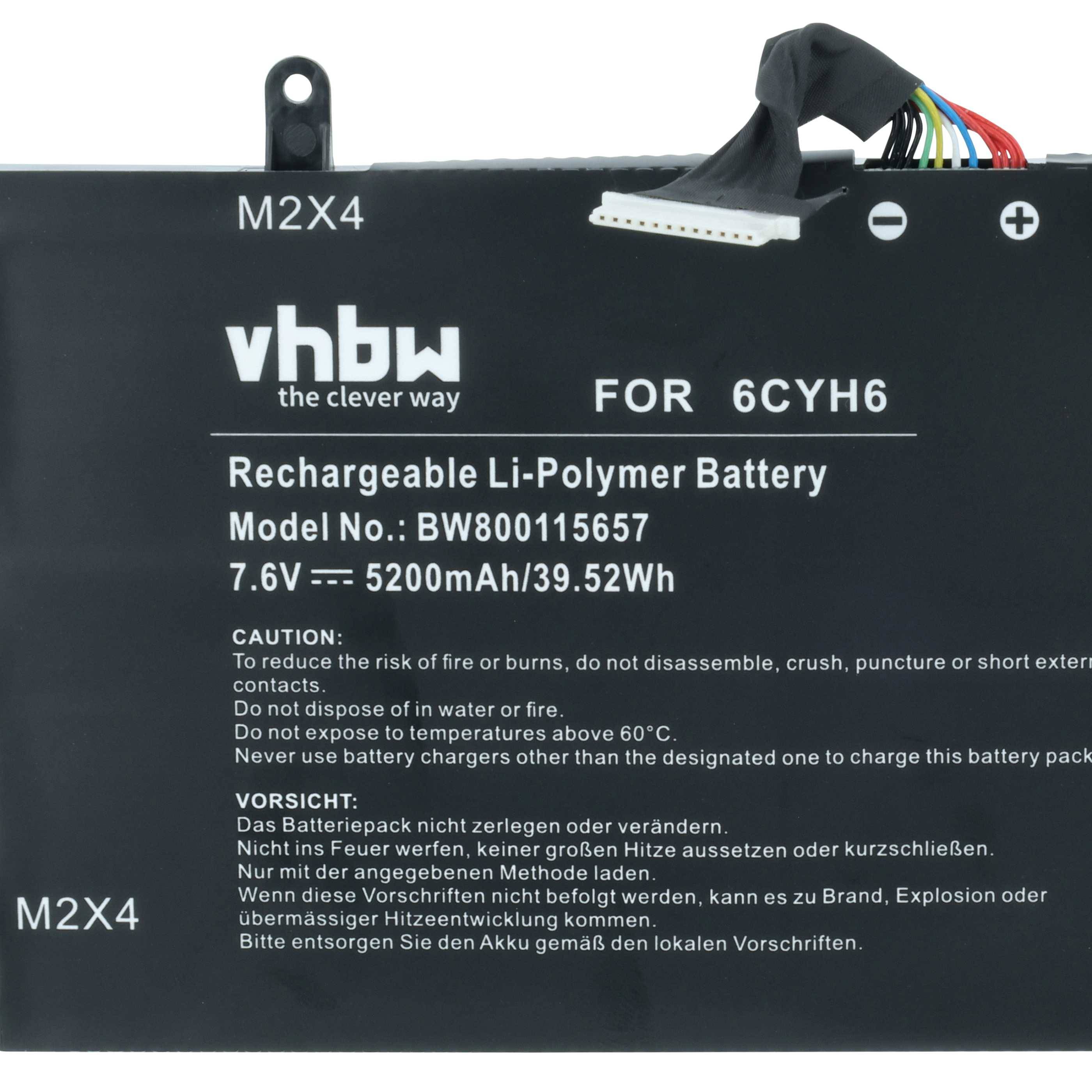 Wiederaufladbare Li-Polymer-Batterie. Modell: BWB800115657, 7,6V, 5200mAh/39,52Wh. Verwenden Sie das richtige Ladegerät; vermeiden Sie Feuer oder Hitze über 60°C.