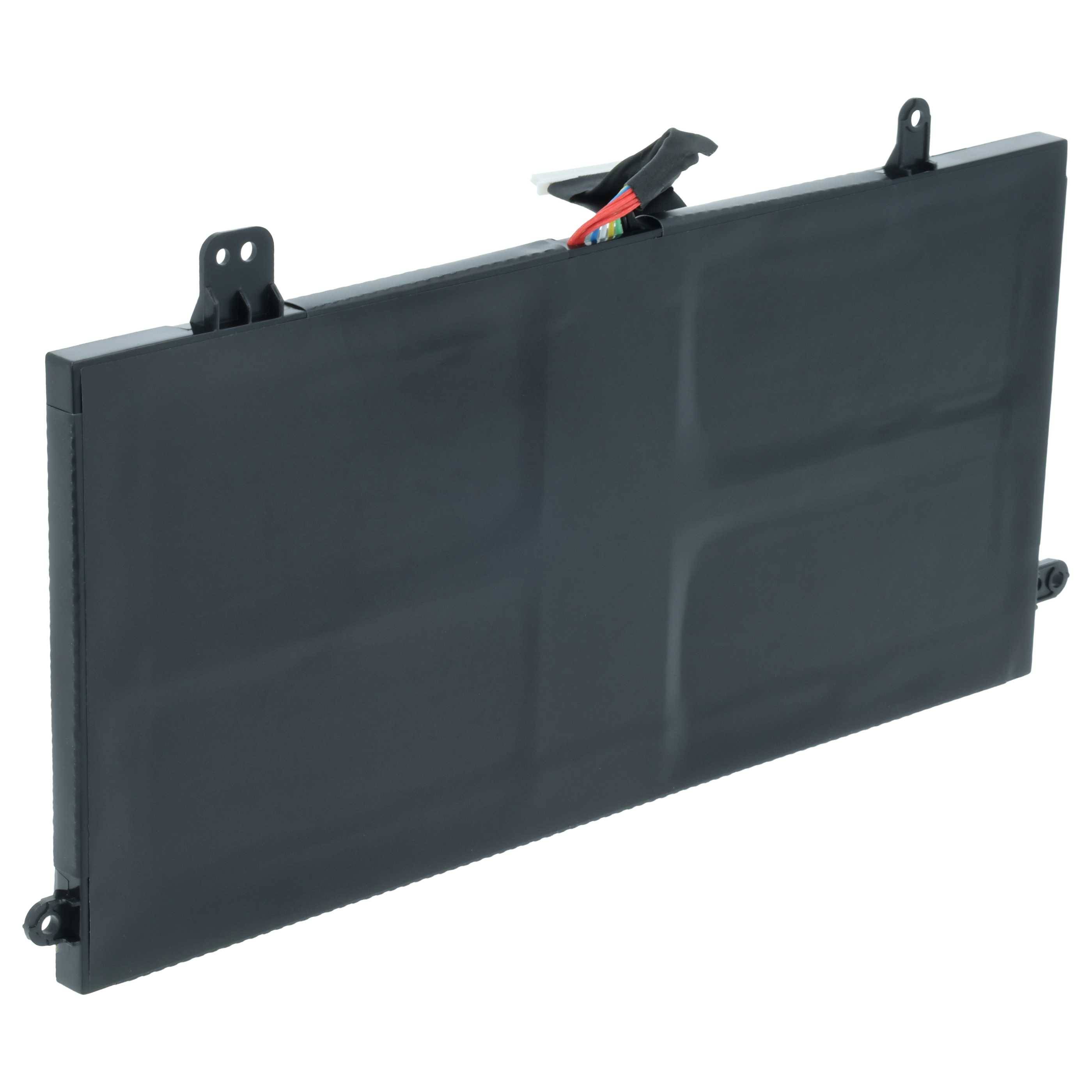 Ein schwarzer Laptop-Akku mit Befestigungslaschen und freiliegenden farbigen Drähten oben.