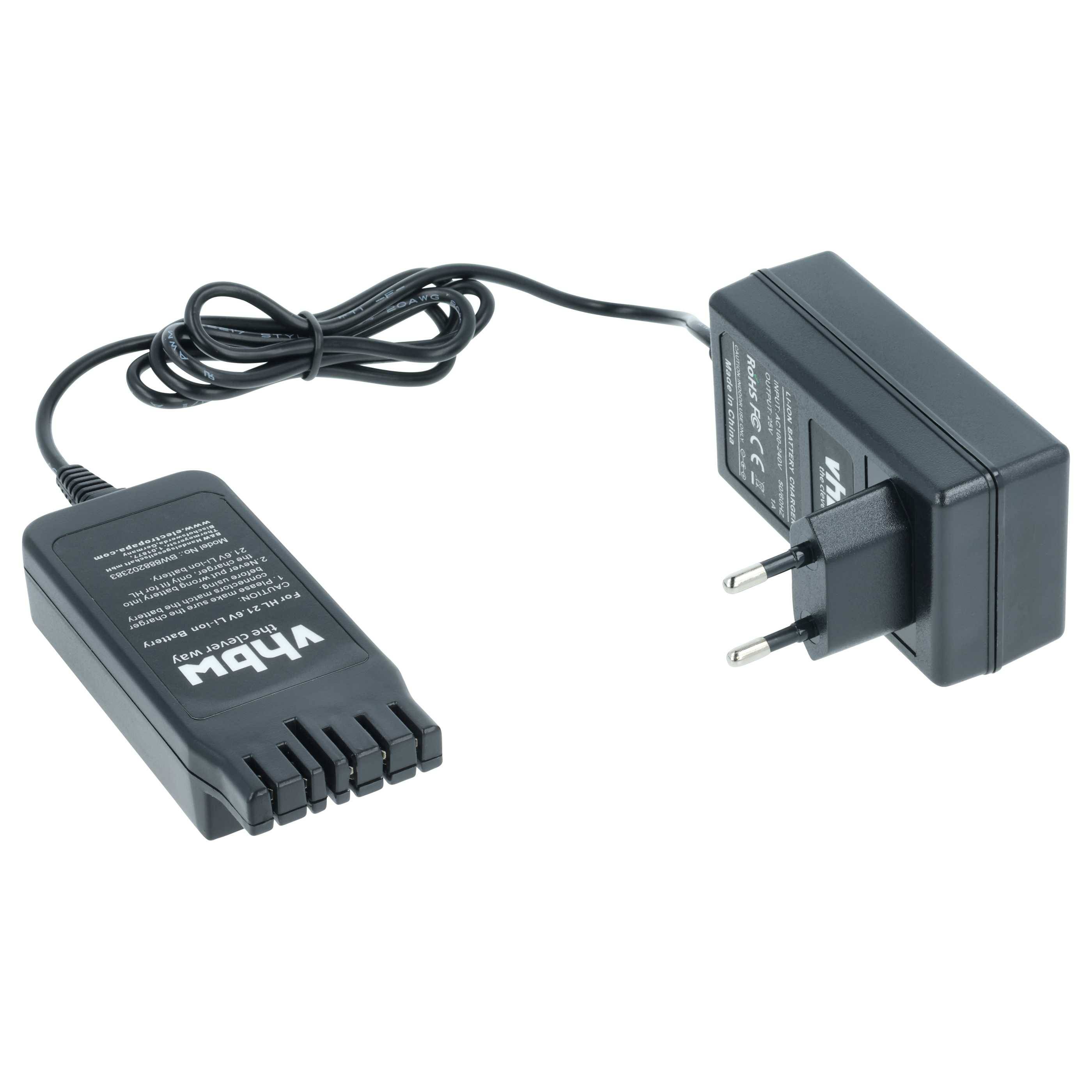 Ein schwarzer AC/DC-Stromadapter mit einem zweipoligen Stecker und aufgewickeltem Kabel, verwendet für elektronische Geräte, auf weißem Hintergrund platziert.