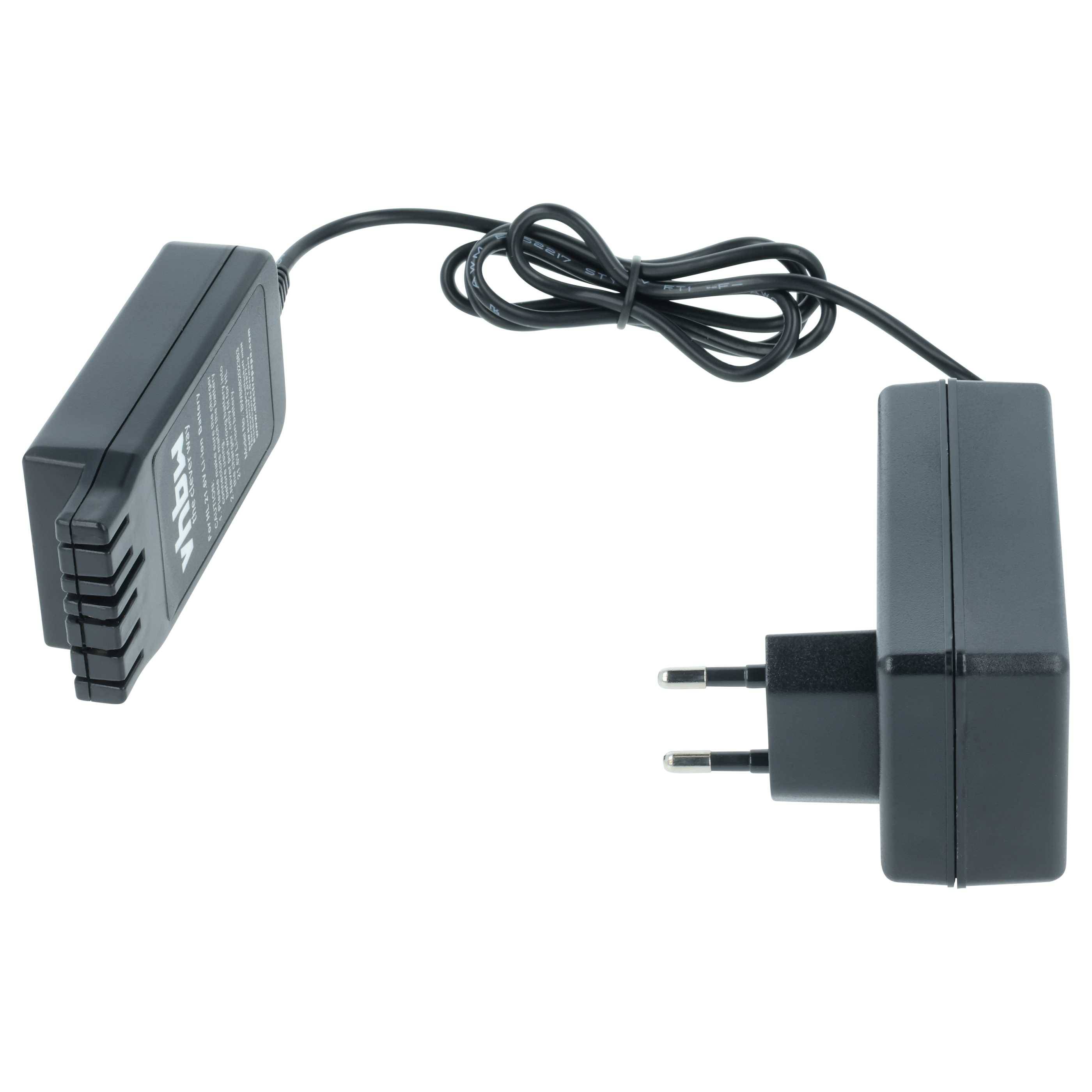 Ein schwarzer Stecker-Stromadapter mit zweipoliger Steckvorrichtung, verbunden mit einem Kabel, das zu einem externen elektronischen Gerätekomponent führt.
