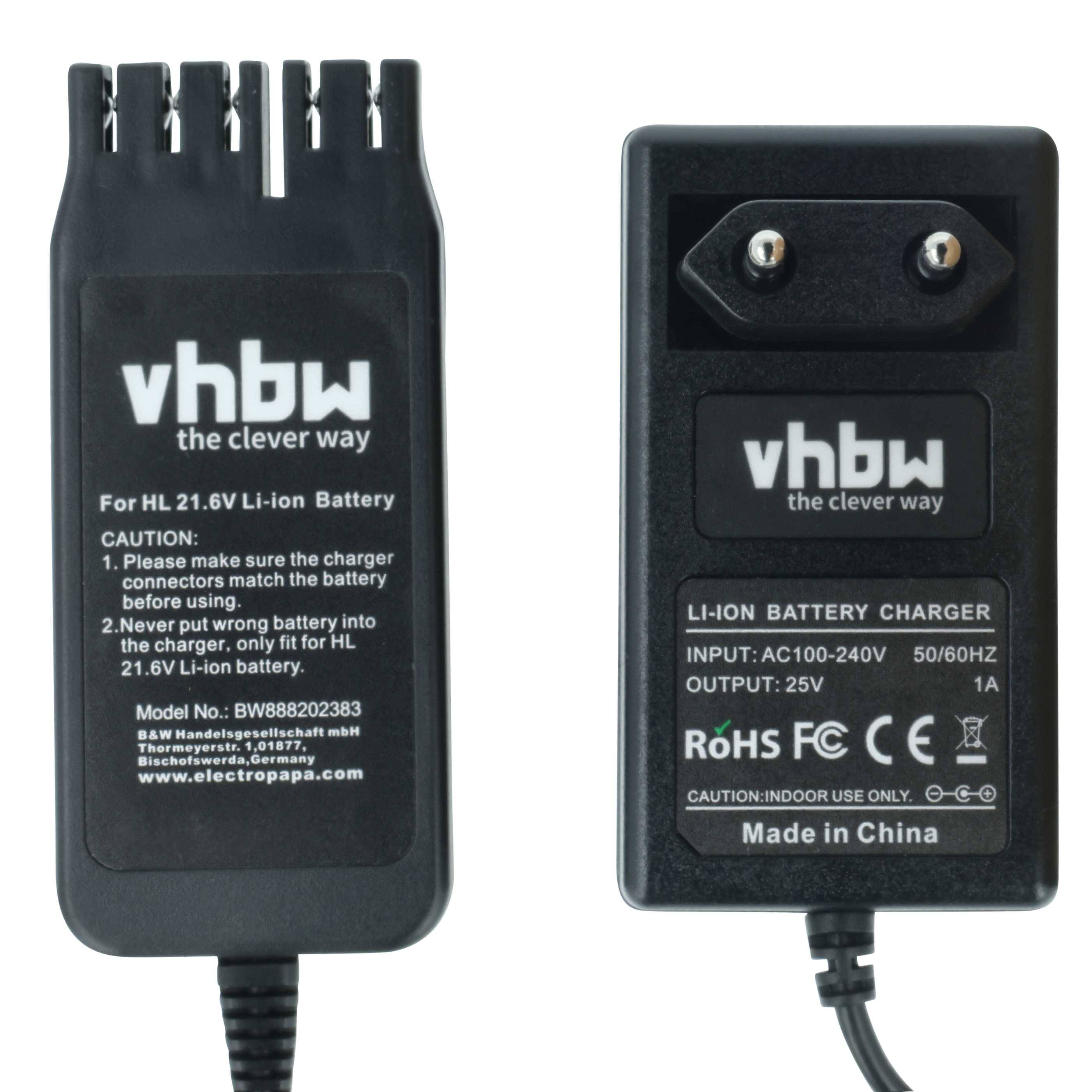 Zwei schwarze Batterieladegeräte mit Aufschriften: „vhbw, die intelligente Lösung.