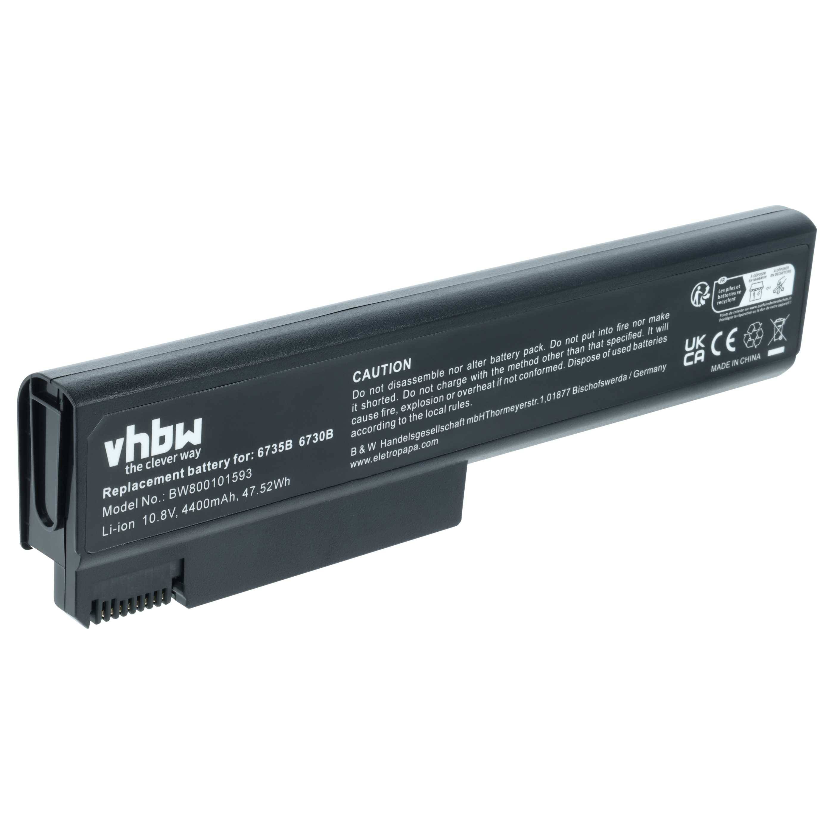 Eine schwarze Laptop-Batterie der Marke 'vhbw', Modell 'BW800195', mit den Spezifikationen 'Li-Ion 10,8V, 4400mAh, 47,52Wh'.