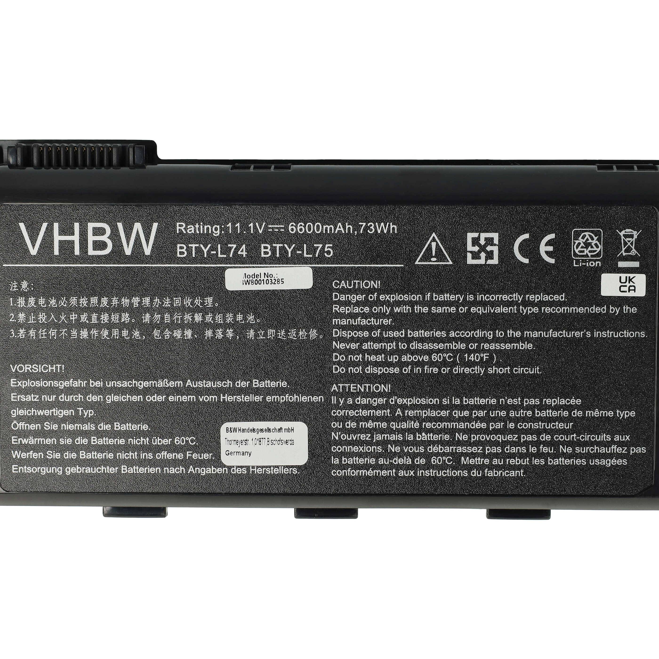 vhbw Akku kompatibel mit MSI A5000, A6005, A6000, CR600-001US, CR600, CR500, A7200, A6200 Notebook (6600 mAh, 11,1 V, Li-Ion)