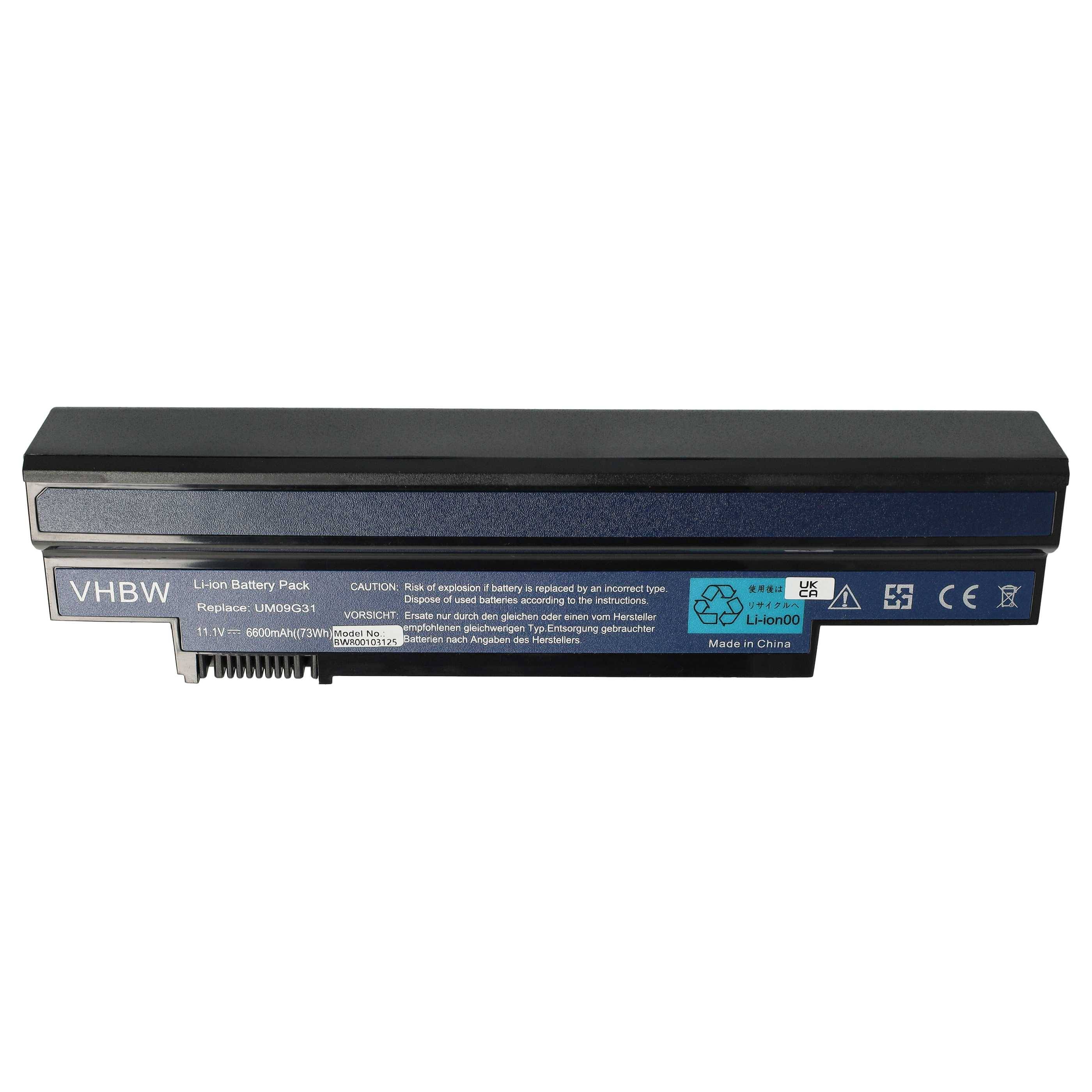 vhbw Akku kompatibel mit Acer Aspire One 532H-2789, 532H-2807, 532H-2825, 532h-2964 Notebook (6600mAh, 10,8V, Li-Ion)