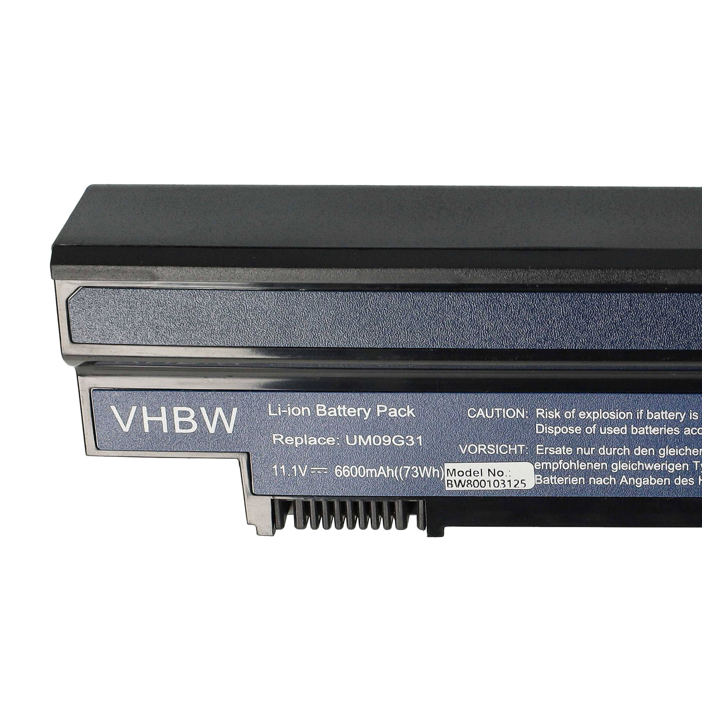 vhbw Akku Ersatz für Acer UM09G31, UM09G41, UM09G51, UM09G75, UM09H31, UM09H36, UM09H41 für Notebook (6600 mAh, 10,8 V, Li-Ion)