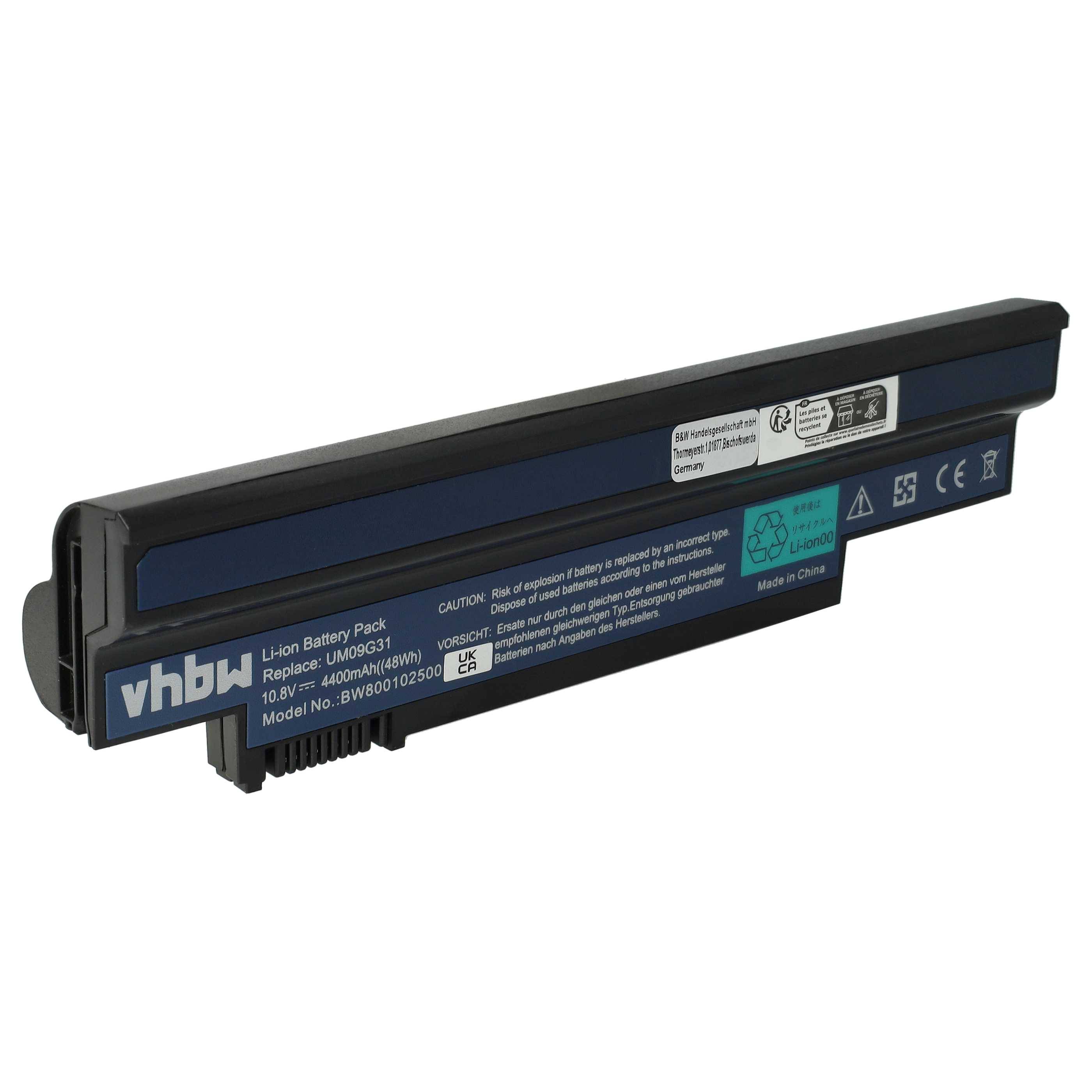 vhbw Akku kompatibel mit Acer Aspire One AO532h-2730, AO532h-2964, AO532h-2Db, AO532h-2Dr Notebook (4400 mAh, 10,8 V, Li-Ion)