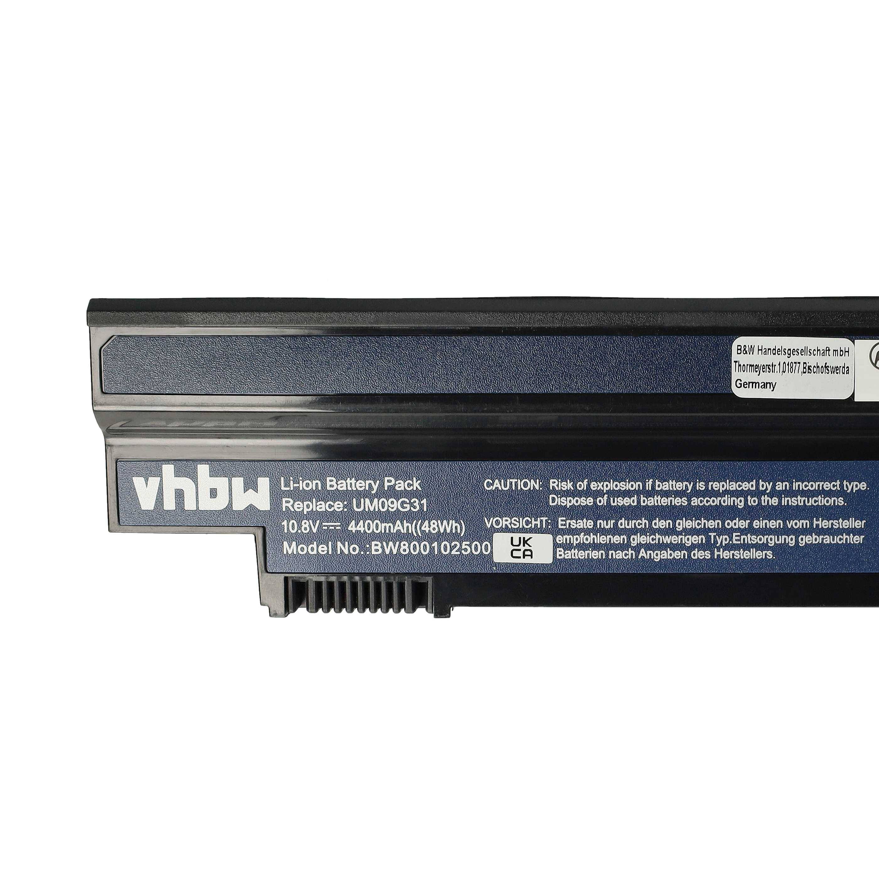 vhbw Akku kompatibel mit Acer Aspire One AO532h-2730, AO532h-2964, AO532h-2Db, AO532h-2Dr Notebook (4400 mAh, 10,8 V, Li-Ion)