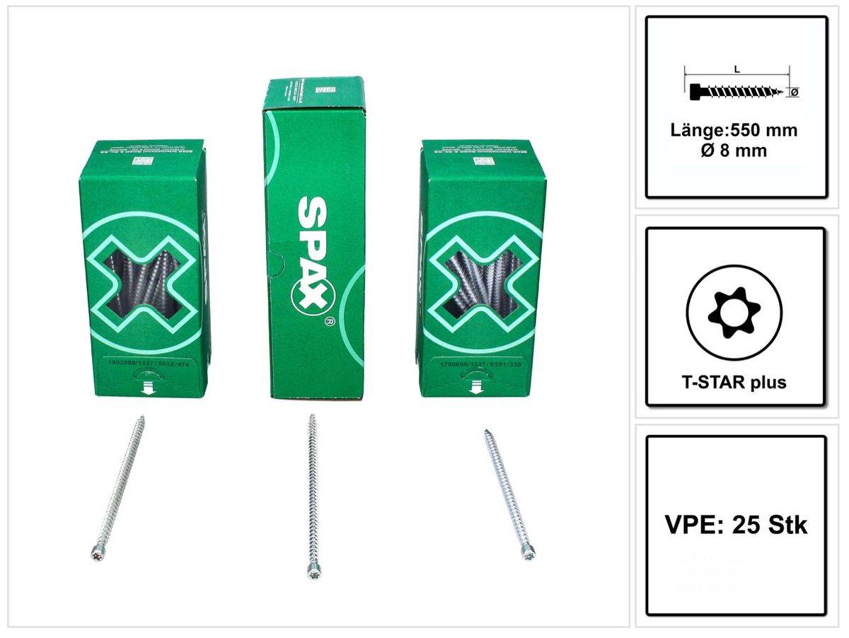 SPAX IN.FORCE Schraube 8,0 x 550 mm 25 Stk. Torx T-STAR Plus T40 ( 1221010805505 ) Vollgewinde Zylinderkopf WIROX CUT Bohrspitze