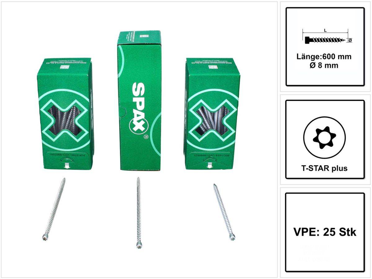 SPAX IN.FORCE Schraube 8,0 x 600 mm 25 Stk. Torx T-STAR Plus T40 ( 1221010806005 ) Vollgewinde Zylinderkopf WIROX CUT Bohrspitze