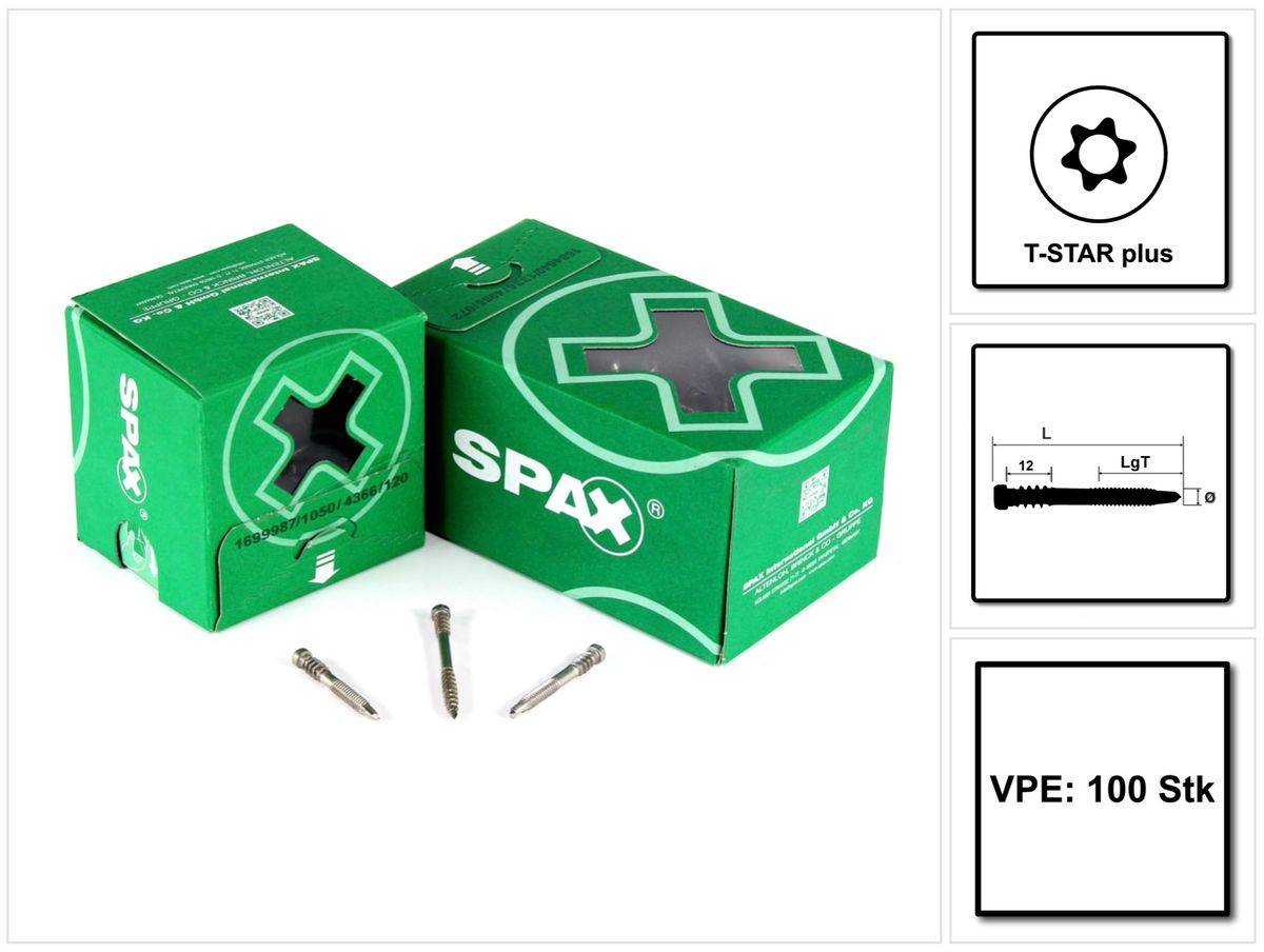 SPAX Terrassenschraube Alu 5,0 x 51 mm 100 Stk. Edelstahl A2 ( 0557000500513 ) Fixiergewinde Zylinderkopf Torx T-STAR Plus T25 Bohrspitze