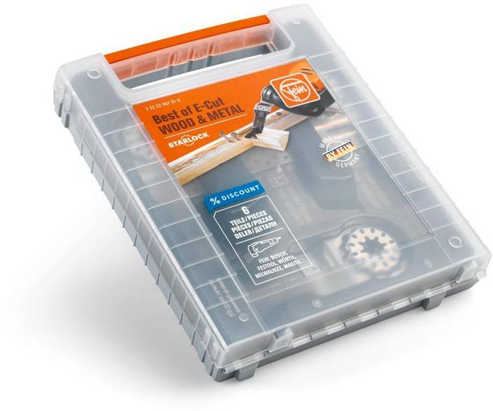 Werkzeug-Set Verpackung mit der Aufschrift 'Best of E-Cut Wood & Metal' mit Bild einer Sägeblatt-Klinge, die Holz schneidet. Enthält sechs Teile für präzises Schneiden.