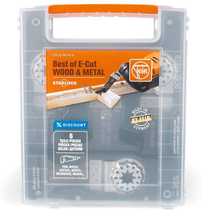 Feines E-Cut Holz & Metall Werkzeug-Set, 6-teilig. Inklusive Starlock-Klingen. Rabatt-Etikett auf der Verpackung. Werkzeuge sichtbar durch transparente Schachtel.