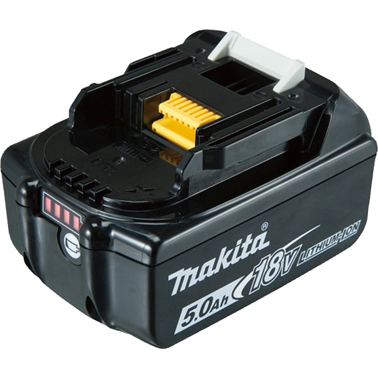Makita 18V 5.0Ah Lithium-Ionen-Akku, schwarzes Gehäuse mit weißem Makita-Logo und Akkustatusanzeige an der Seite.