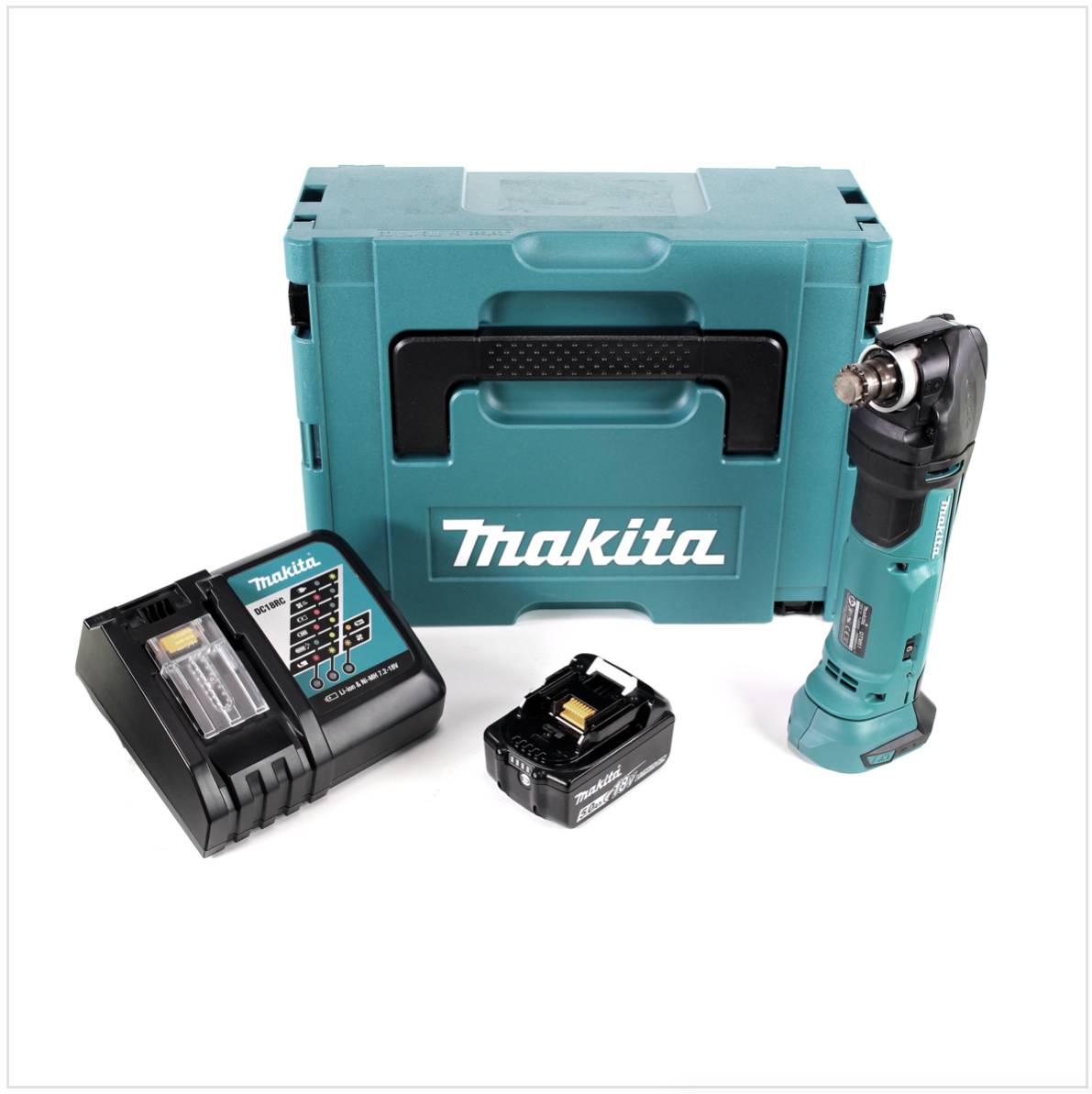Makita DTM 51 RT1J 18V Li-Ion Akku Multifunktionswerkzeug im Makpac + 1x BL 1850 B 5,0 Ah Li-Ion Akku + DC 18 RC Akku Schnellladegerät