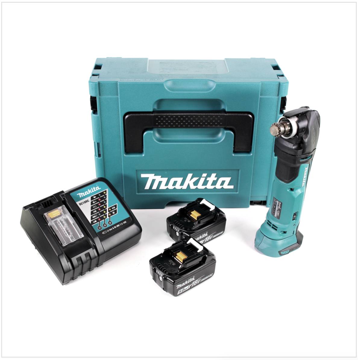 Makita DTM 51 RTJ 18V Li-Ion Akku Multifunktionswerkzeug im Makpac + 2x BL 1850 B 5,0 Ah Li-Ion Akku + Schnellladegerät